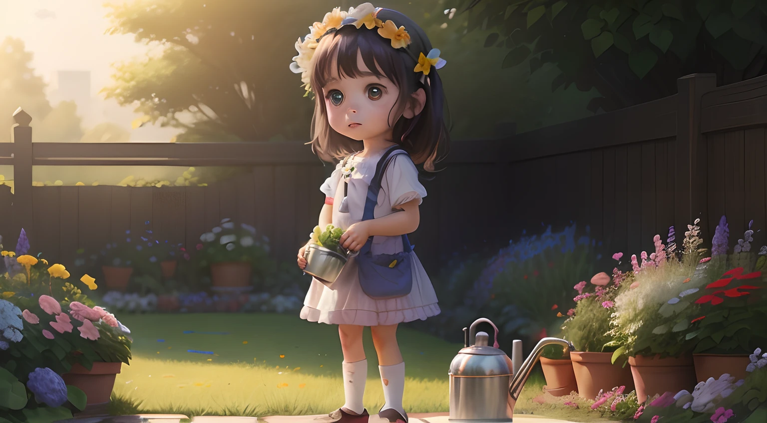 A cute  girl is watering flowers, holding a water can in her hand, in the garden, many beautiful flowers of varying colours, many many flowers, garden filled with various flowers