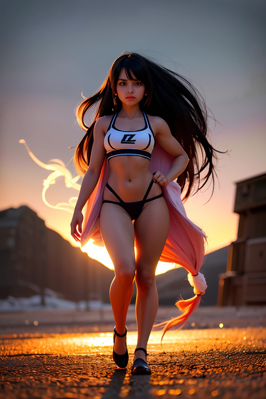 (cbzbb:1.25), barbie cowboy as Jenna Ortega, with very long hair,atomic bomb smoke on her back ground,full body view, very horror background.1female, 8k, hdr effect,glory goddess speed walking.