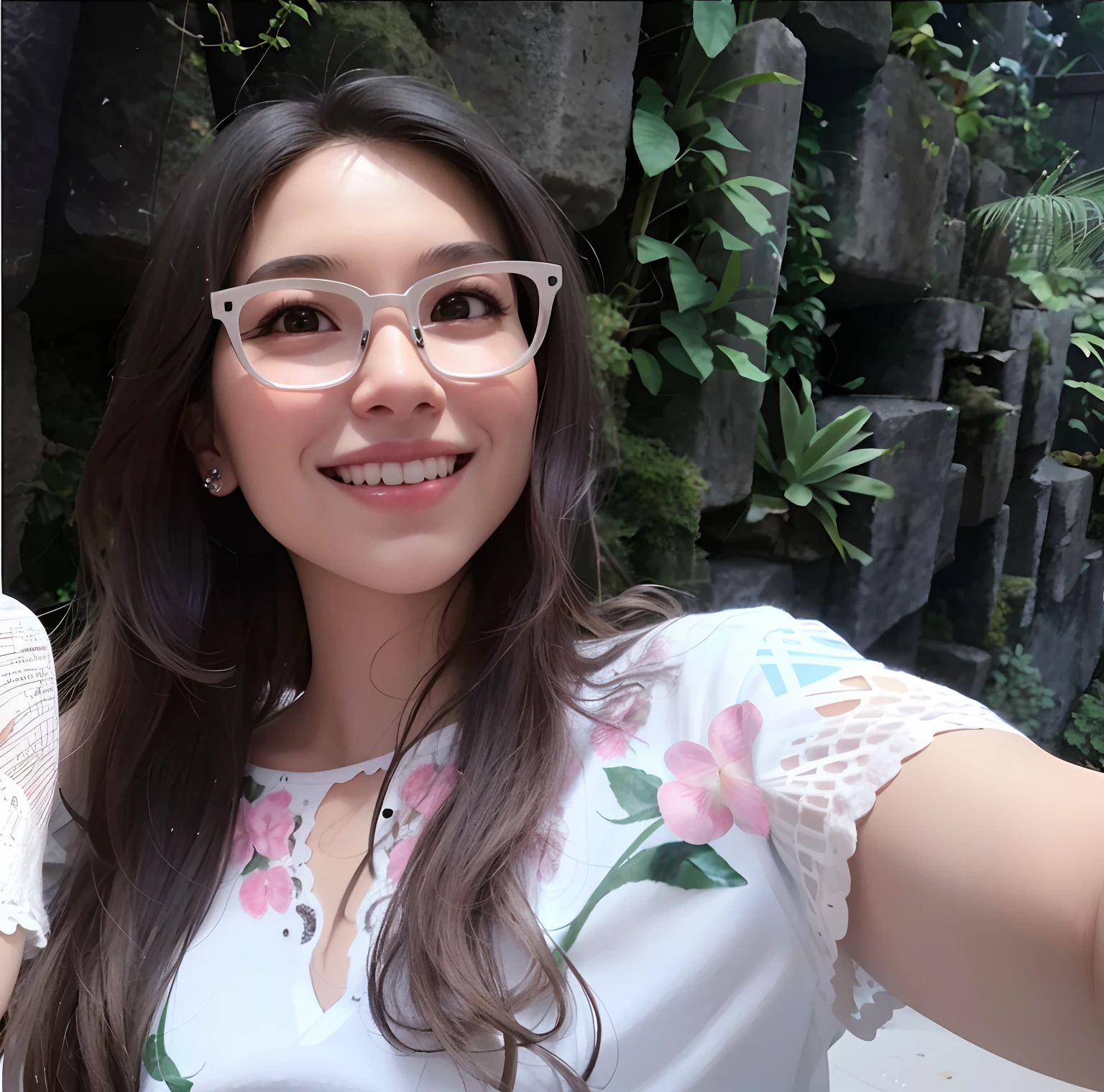 there is a woman taking a selfie with her cell phone, cute slightly nerdy smile, headshot profile picture, slight nerdy smile, selfie of a young woman, valentina remenar, avatar image, 8k selfie photograph, professional picture, in front of a forest background, vacation photo, pokimane, photo taken in 2 0 2 0, with glasses,anime whole picture