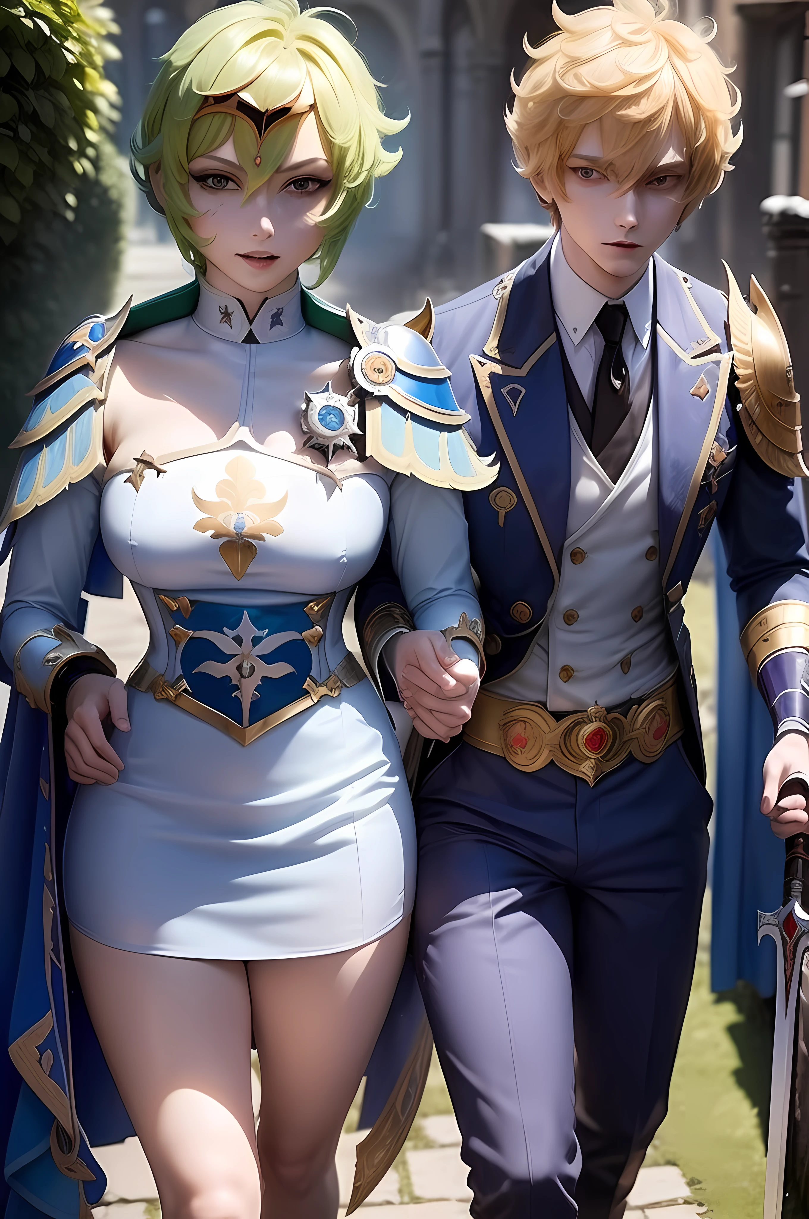 (masterpiece, best quality:1.2), solo, 1boy, , anime boy, chosen hero, isekai, intimidating walking, medieval apparel, walking on a path, background castle, majestic castle, fantasy, European city, blue sky, blue clear sky, clouds, white clouds, blonde hair, bangs, hair in the forehead, brown eyes, handsome, cute, holding sword, rare sword, legendary sword, soft lightning, alluring anime teenandsome:1.5), armor, (evil smile:1.1), nordic, germanic, powerful, mighty, majestic armor, emo hair, (emo hair:1.2), scene hair, (Genshin Impact:1.5)