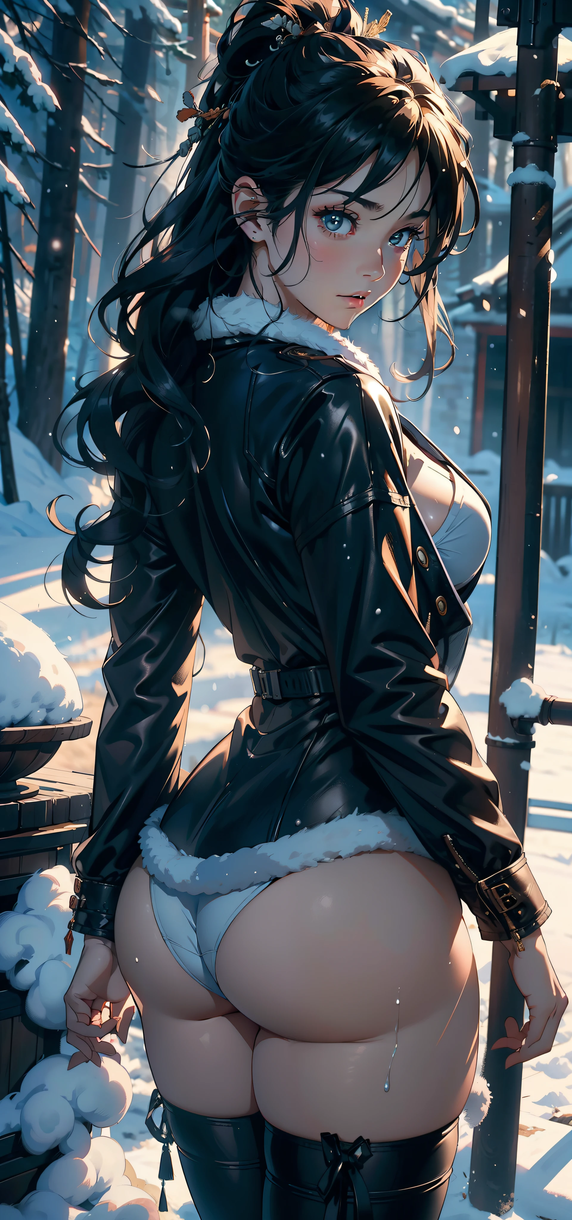 1female，25 age old，Large breasts，Pornographic exposure， 独奏，（Background with：ports，coniferous forest，at winter season，Snow on the ground） with his long black hair， 比基尼，standing on your feet，Sweat profusely，drenched all over the body，seen from the front， curlies， mostly cloudy sky，（（（tmasterpiece），（Very detailed CG unity 8K wallpaper），best qualtiy，cinmatic lighting，detailed back ground，beatiful detailed eyes，Bright pupils，（Very fine and beautiful），（Beautiful and detailed eye description），ultra - detailed，tmasterpiece，）），facing at camera，A high resolution，ultra - detailed），revealing breasts，Bare genitalia， Bulge，Camel toes，Raised sexy，Flushed complexion，Open-mouthed，frontage，Victorian style，Mongolian samurai，Winter clothing，Leather jacket