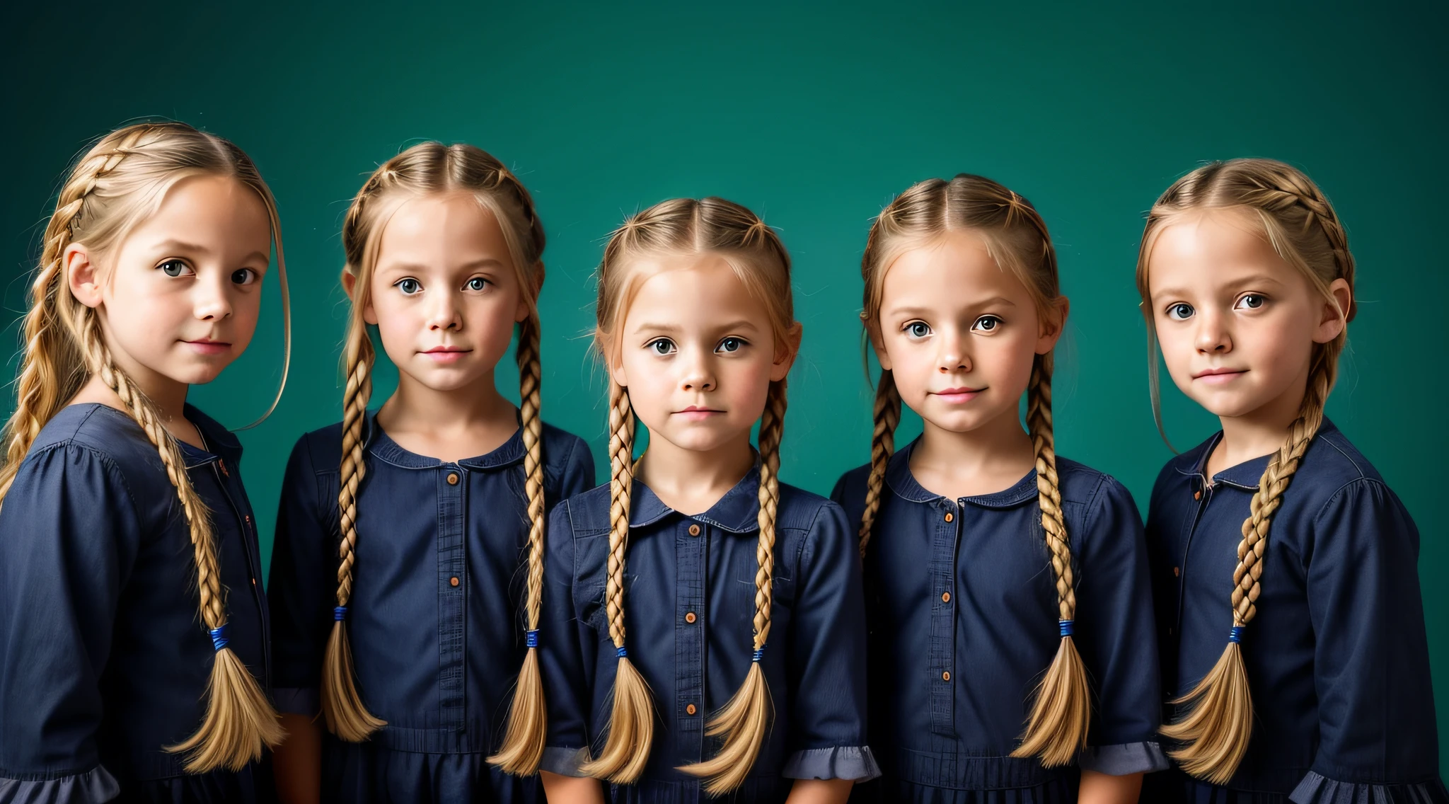 Three blonde children girls in braids holding torches in front of a blue background, 3 sisters look into the mirror, color studio portrait, meninas jovens, in a row, simetria!! retrato, childrens, profissionalmente retocado, beautiful highly symmetric faces, childrens, Directed by: Jan Rustem, pintado digitalmente, identical picture, symmetrical centered portrait, twins, photo illustration, Clones