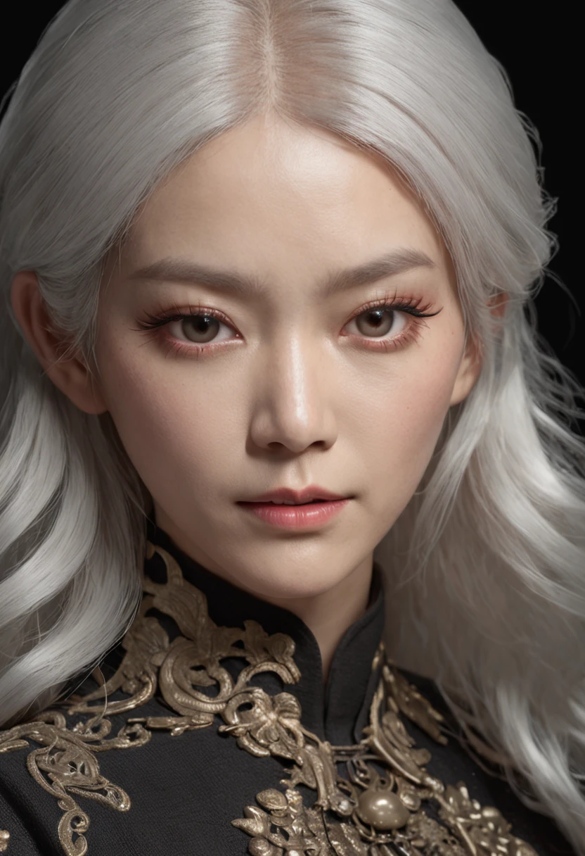 (masterpiece, CGI:1.2), (perfect depiction of a Japanese woman:1.2), (long white hair and elaborate hairstyle:1.2), (flawless and fair complexion:1.2), (wearing striking blue lipstick:1.3), (bright eyes emitting electrifying rays of light:1.3), (dressed in a black cotton shirt:1.3), (editorial-style photo:1.4), (studio setting:1.2), (black backdrop:1.2), (impeccable spotlight illumination:1.3), (meticulously rendered skin textures:1.3), (captivating and alluring expression:1.2), (emphasis on the electrifying eye rays:1.3), (intricate details of the cotton shirt:1.3), (contrasting colors against the black background:1.3), (perfect execution of lighting and composition:1.2), (immersive portrayal of the woman's radiance:1.2), (impressive attention to details and textures:1.2), (captivating and enigmatic aura:1.2), Cinematic, Hyper-detailed, insane details, Beautifully color graded, Unreal Engine, DOF, Super-Resolution, Megapixel, Cinematic Lightning, Anti-Aliasing, FKAA, TXAA, RTX, SSAO, Post Processing, Post Production, Tone Mapping, CGI, VFX, SFX, Insanely detailed and intricate, Hyper maximalist, Hyper realistic, Volumetric, Photorealistic, ultra photoreal, ultra-detailed, intricate details, 8K, Super detailed, Full color, Volumetric lightning, HDR, Realistic, Unreal Engine, 16K, Sharp focus, Octane render.