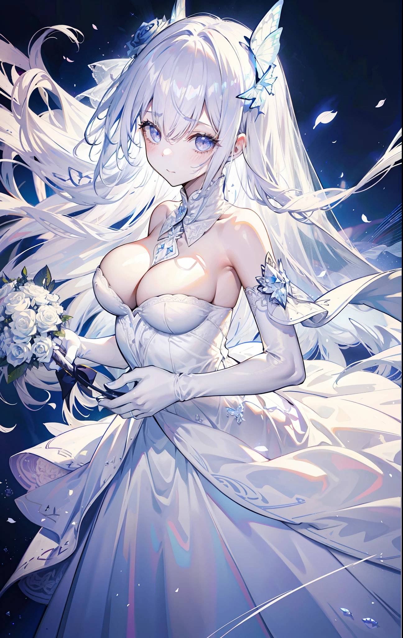 silber hair,butterflys,long whitr hair,white wedding gown,8k wallpaper,detailedbackground,Highest high resolution,deep v big breasts,Hair covers one eye,Bandeau wedding dress,chies,White rose,tight-fitting,