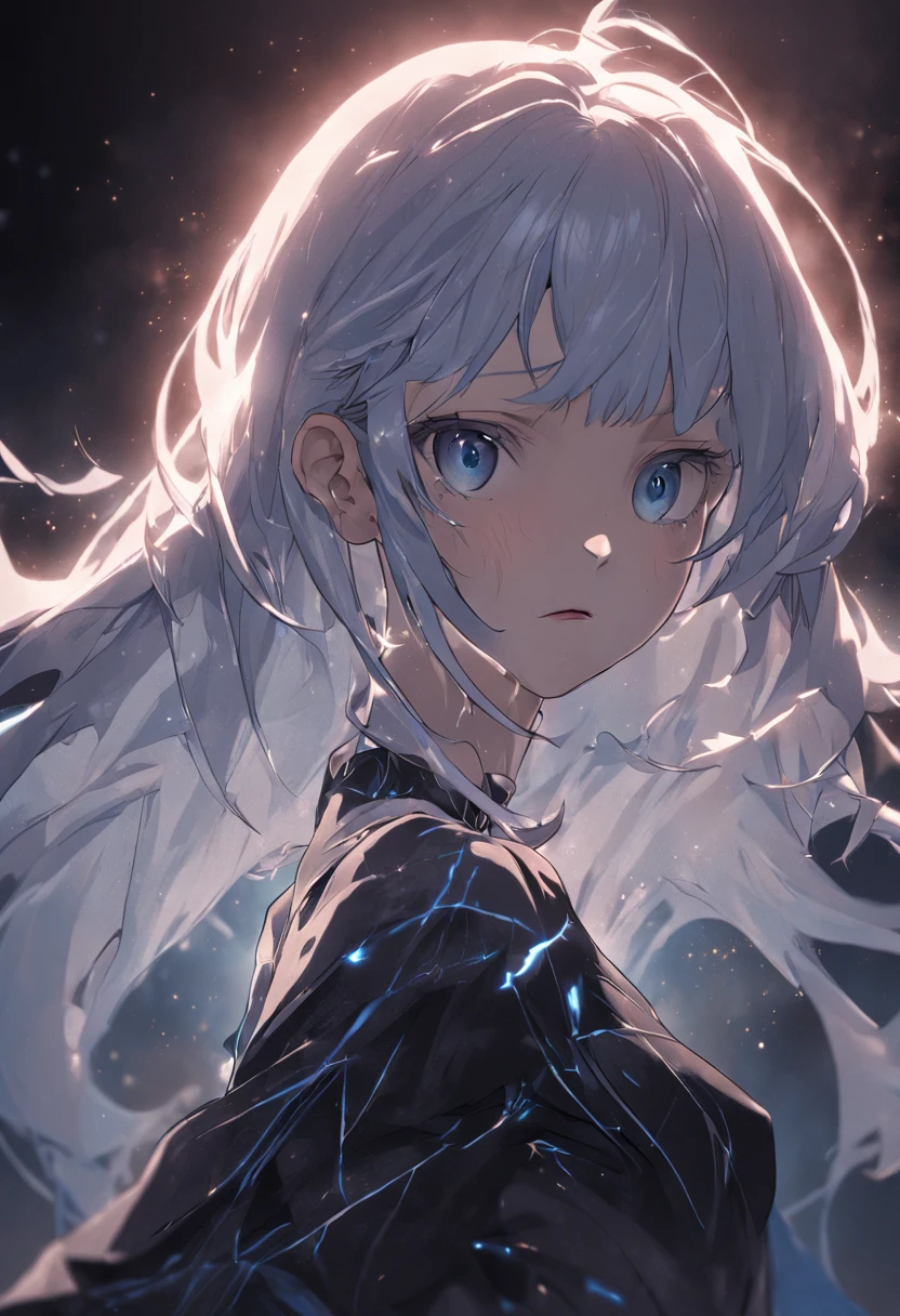 (masterpiece, CGI:1.2), (perfect depiction of a Japanese woman:1.2), (long white hair and elaborate hairstyle:1.2), (flawless and fair complexion:1.2), (wearing striking blue lipstick:1.3), (bright eyes emitting electrifying rays of light:1.3), (dressed in a black cotton shirt:1.3), (editorial-style photo:1.4), (studio setting:1.2), (black backdrop:1.2), (impeccable spotlight illumination:1.3), (meticulously rendered skin textures:1.3), (captivating and alluring expression:1.2), (emphasis on the electrifying eye rays:1.3), (intricate details of the cotton shirt:1.3), (contrasting colors against the black background:1.3), (perfect execution of lighting and composition:1.2), (immersive portrayal of the woman's radiance:1.2), (impressive attention to details and textures:1.2), (captivating and enigmatic aura:1.2), Cinematic, Hyper-detailed, insane details, Beautifully color graded, Unreal Engine, DOF, Super-Resolution, Megapixel, Cinematic Lightning, Anti-Aliasing, FKAA, TXAA, RTX, SSAO, Post Processing, Post Production, Tone Mapping, CGI, VFX, SFX, Insanely detailed and intricate, Hyper maximalist, Hyper realistic, Volumetric, Photorealistic, ultra photoreal, ultra-detailed, intricate details, 8K, Super detailed, Full color, Volumetric lightning, HDR, Realistic, Unreal Engine, 16K, Sharp focus, Octane render.