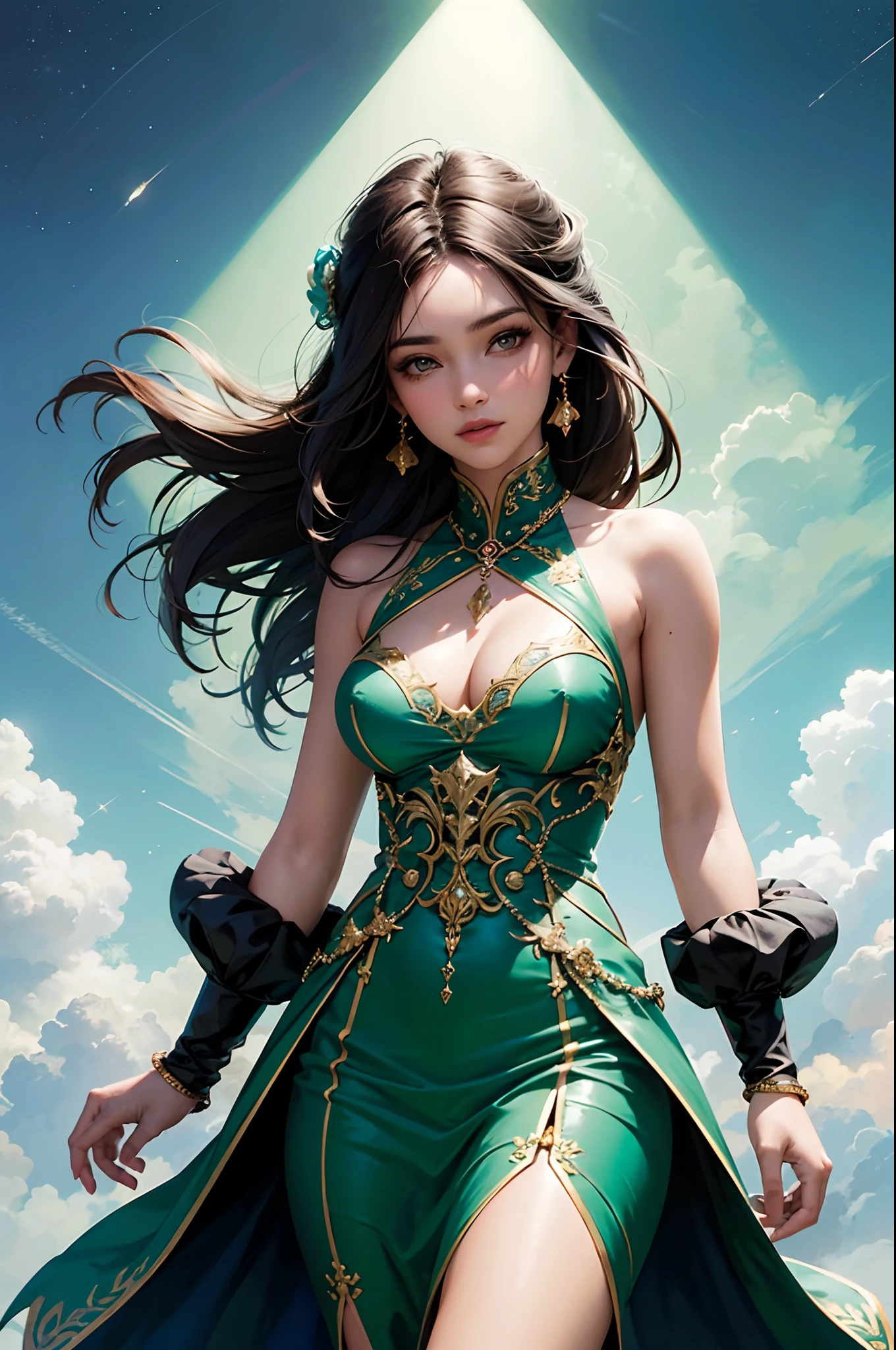 obra prima, alta qualidade, melhor qualidade, bonito, hd, perfect lighting, rosto detalhado, corpo detalhado, (1 mulher), solo, (loira), olhos verdes, seios enormes, (vestido curto de fada com um decote aberto), (vestido brilhante: 1.2), (asas de fada brilhantes: 1.3), sorriso, corpo inteiro, Fairytale magical forest setting