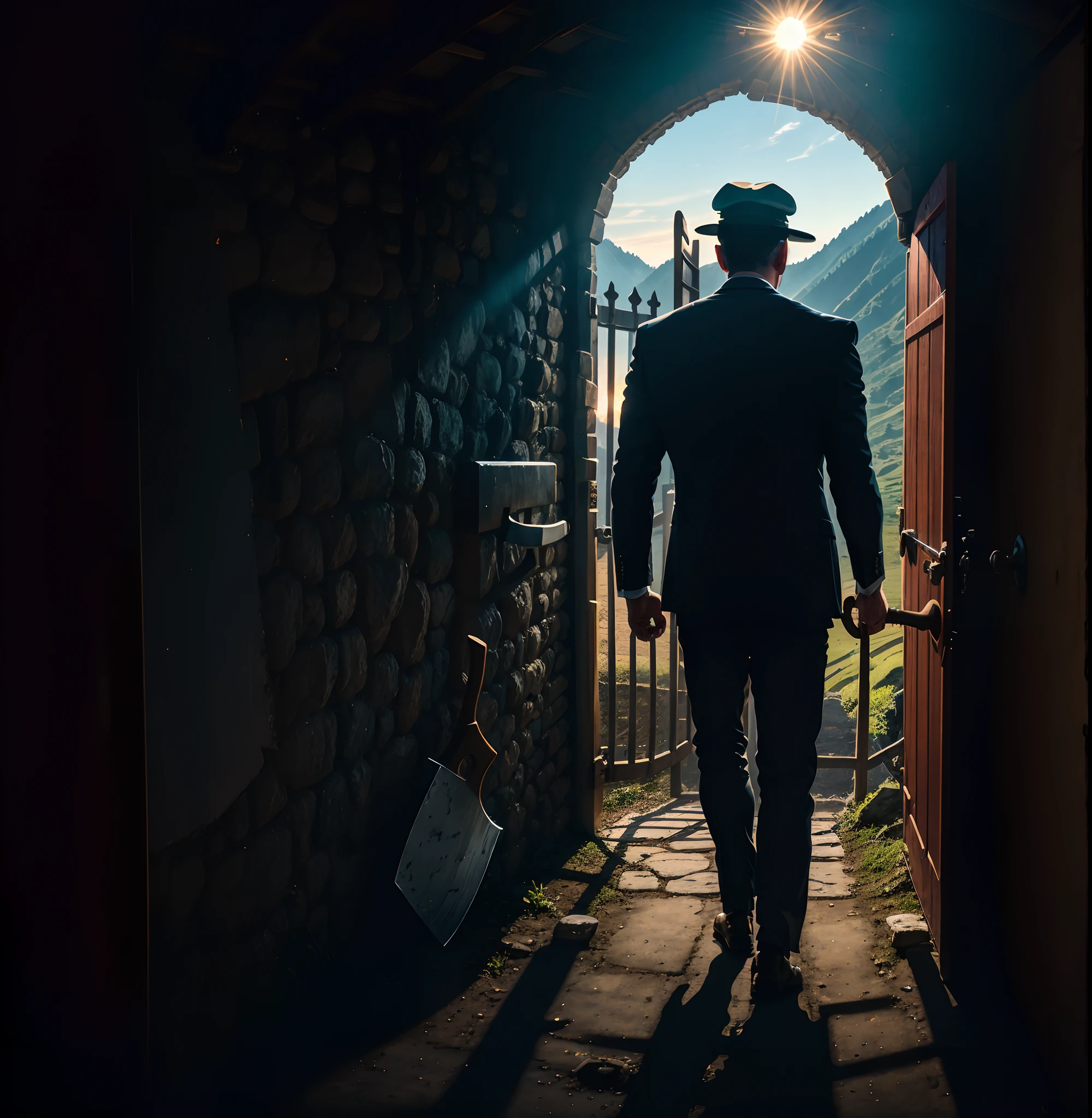 Black and white image of a man in a black suit looking outside the gate with an ax in his hand and a cap on his head and the sun rising from the gate