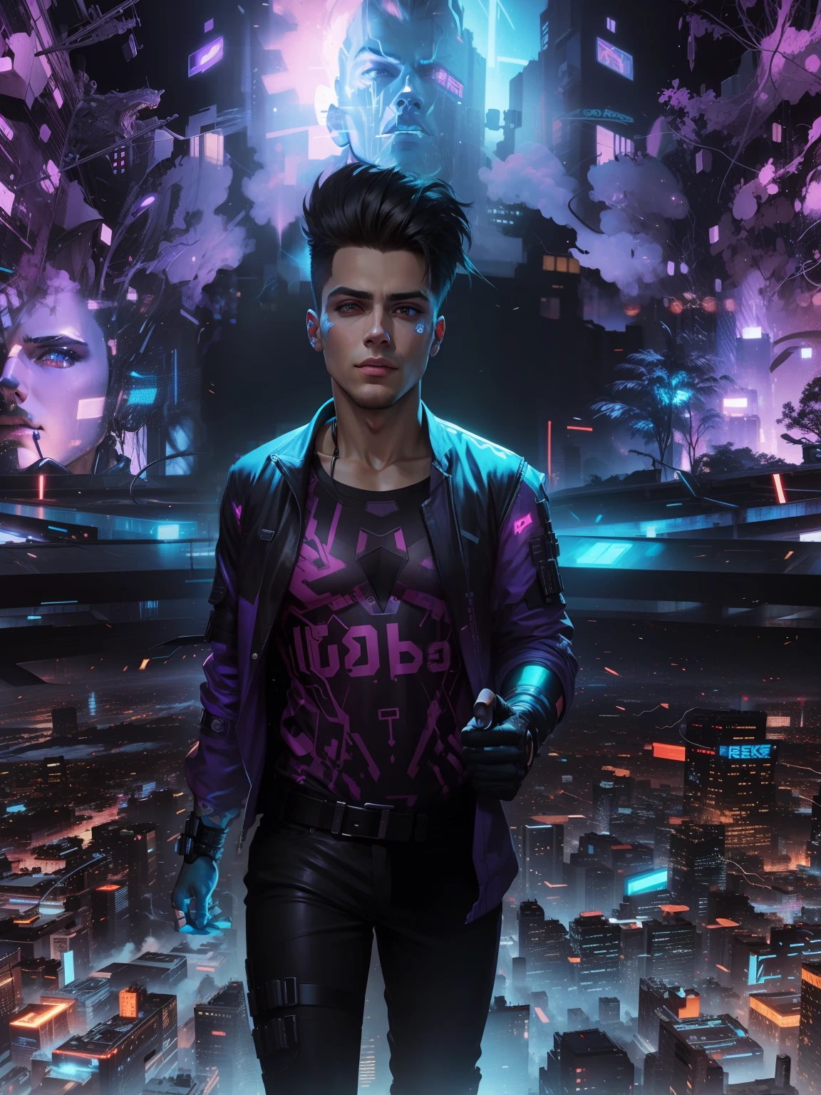 Change background cyberpunk handsome boy, realistic face, 8k, ultra realistic,