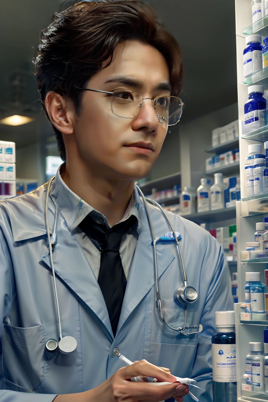 **Instagram Reels Cover Photo Prompt:**
Create a captivating Instagram Reels cover photo "Pharmacotherapeutics" It encapsulates the essence of this intriguing topic. Focus on the intricate and detailed, Close up portrait of professional male pharmacist, Exude confidence and expertise. Dressed in modern medical suits, He stands calmly against the background of pharmacies and clinical settings. Cinematic lighting gives off a warm glow, Emphasize the importance of medication in patient care. Using Ray Tracing and Subsurface Scattering、Adds depth and realism to images, While voluminous fog creates an ethereal atmosphere. The snowy mountains in the previous prompt are、Can be replaced with a subtle background with a pharmacy theme, Medicine bottles, prescription pads, etc., Symbolizing the world of pharma. Using HDR and 8K resolution、Ensure clarity and clarity, Capturing the details of the pharmacist's facial expressions. Focus the hero, Shallow depth of field blurs the background beautifully, Draw attention to the main subject. The lingering golden rays of the sunset on a cloudy winter day、Provides a touch of drama and inconspiracy. This image will definitely make a lasting impression on your audience, Invite them to explore fascinating areas of drug treatment.