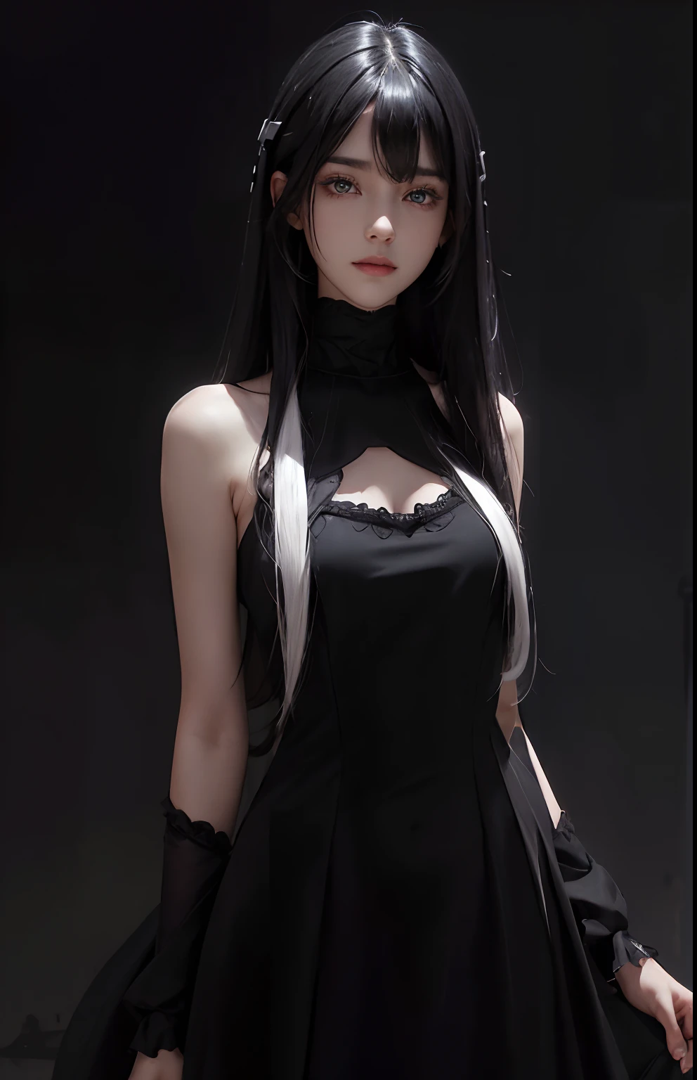 (Ultra Realistic), (Illustration), (Increased Resolution), (8K), (Extremely Detailed), (Best Illustration), (Beautiful and Detailed Eyes), (Best Quality), (Ultra Detailed), (Masterpiece ), ( wallpaper), (detailed face), solo, 1 girl, looking at viewer, fine details, detailed face, in the dark, deep shadows, low key, pureerosfaceace_v1, smiling, long hair, black shawl straight hair , 46 points oblique bangs, masterpiece, best quality, 35mm, 8k, absurdres, beautiful girl, (upper body, dark grey background:1.4), (black classical dress, black hair:1.6), slender, dark studio, rim lighting, ultra realistic, highres, photography, film grain, chromatic aberration, depth of field, sharp focus, HDR, facelight, dynamic lighting, cinematic lighting, professional shadow, dark shadow, highest detailed, extreme detailed, ultra detailed, finely detail, real skin, delicate facial features, detailed face and eyes, sharp pupils, realistic pupils, long black hair with bangs, black hair top, white hair undercolor, Split Hair Two Tone , Split Hair Two Tone black and white color hair,black hair, white hair, mix hair color,green eyes, white hair  emerald eyes. white hair, platinum hair color.