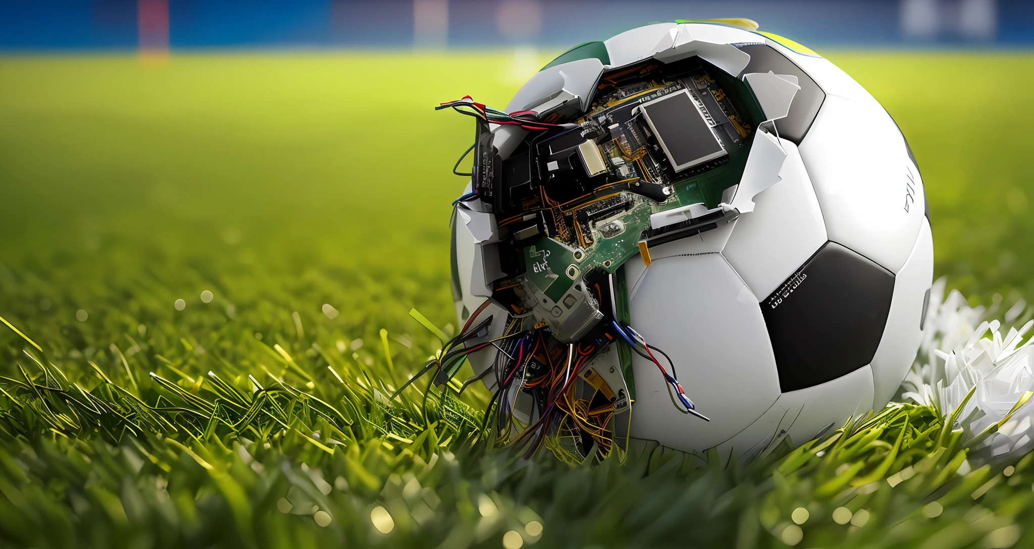 make it more realistic of a soccer ball on a bright green field. Incorporate a computer chip inside the ball and show visible wires.