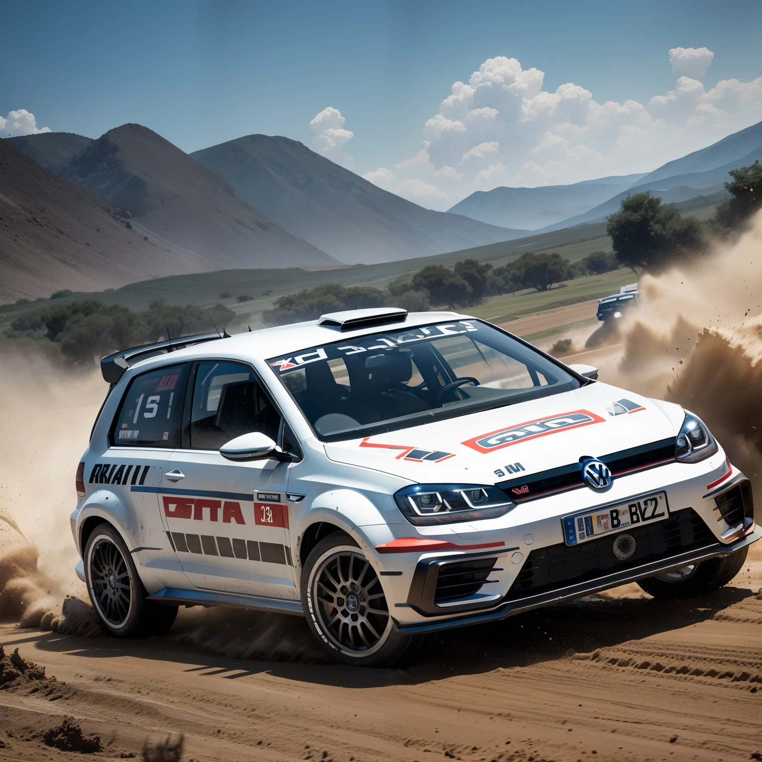 "Volkswagen Golf Rally configuration, Intense action, adrenalinefilled, Mud splashes, High-speed stimulation, Rally cars fly in the dirt, Powerful engine roar, Precise operation, Dynamic angles, dust cloud, Sharp, A race against time."