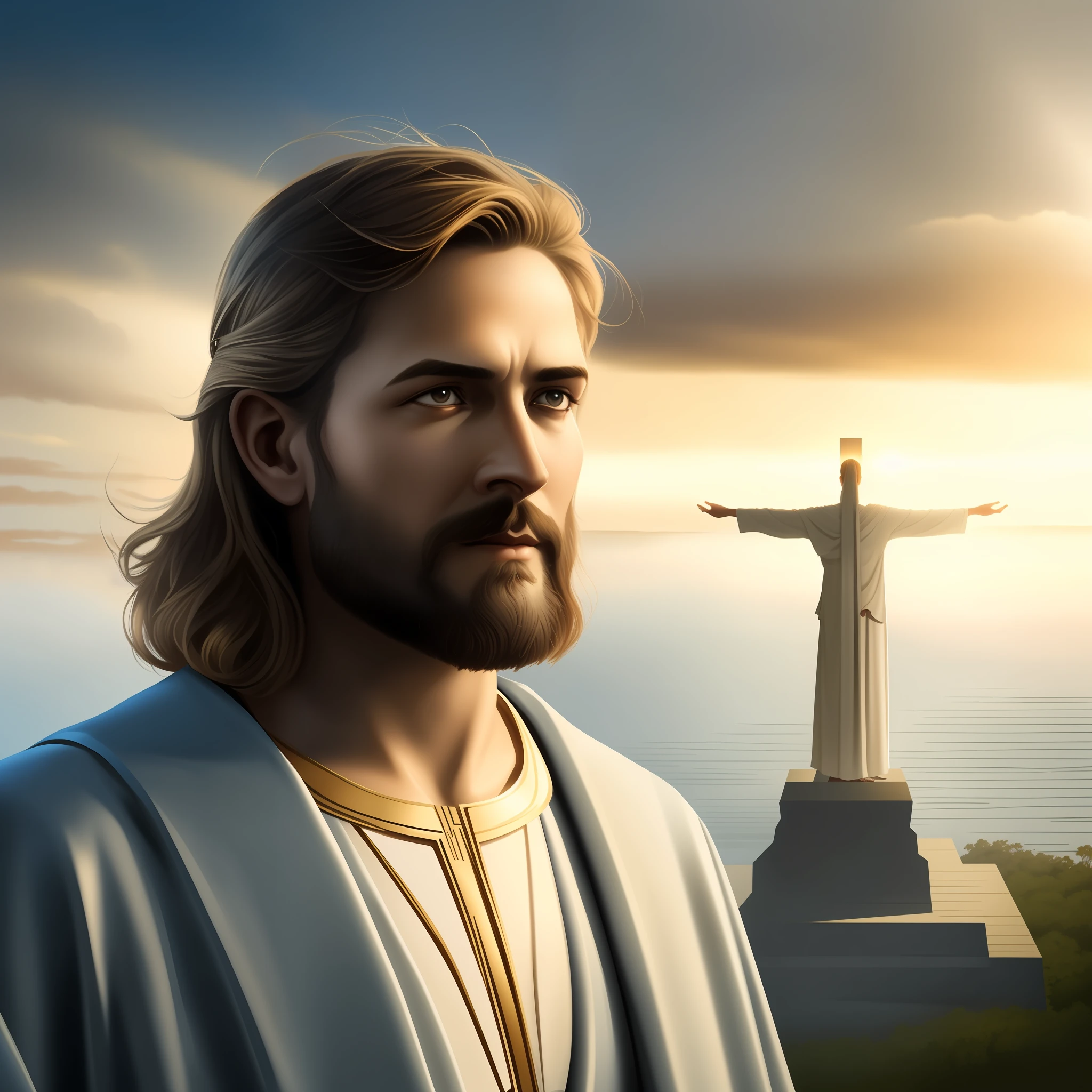 Jesus standing in front of a statue of Jesus on a hill, Greg Olsen, Jesus Cristo, Cristo Redentor, Tron legado Jesus Cristo, Retrato de Jesus Cristo, cristo redentor, Jesus Cristo em Mass Effect, Jesus, Tron legado Jesus, jesus of nazareth, Nicodemos, O Senhor e Salvador, rosto de Jesus, inspirado em Christophe Vacher