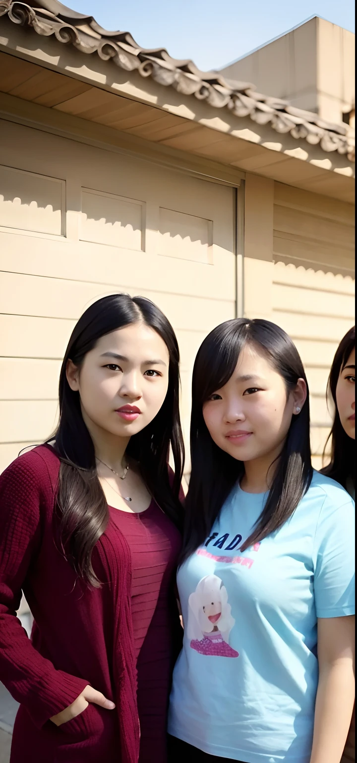 three people standing in front of a building with a sky background, old picture, with accurate face, candid picture, very clear picture, very very low quality picture, a picture, selfie photo, desaturated!!, portait photo profile picture, very accurate photo, in city street, blurry image, profile pic, taken with the best dlsr camera, candid photo