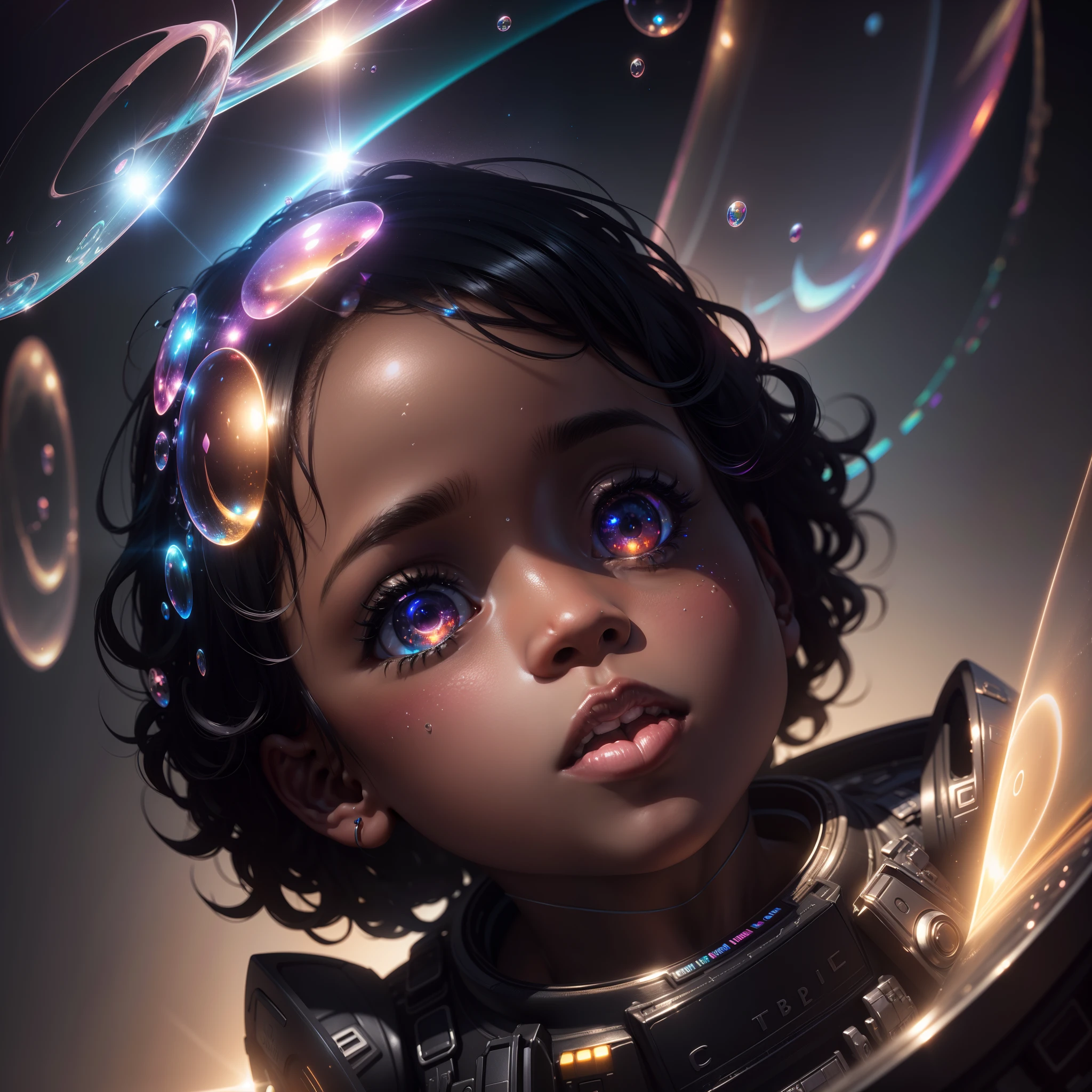 A beautiful black floating in the sky among the clouds surrounded by prism lit bubbles, with iridescent light, highly detailed images, vibrant beautiful colours, photorealistic image, 8k, ultra HD, unreal engine rendered, cinematic lighting, artgerm style,