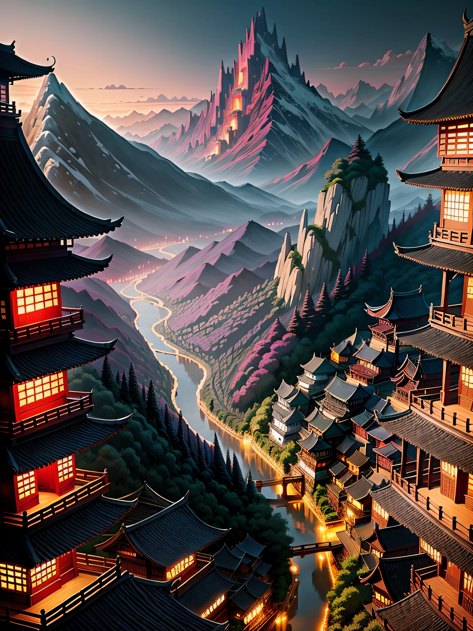 the night valley of asian village at sunset, in the style of fantasy-inspired art, dazzling cityscapes, loish, dark gray and red, kawacy, exotic landscapes, mountainous vistas