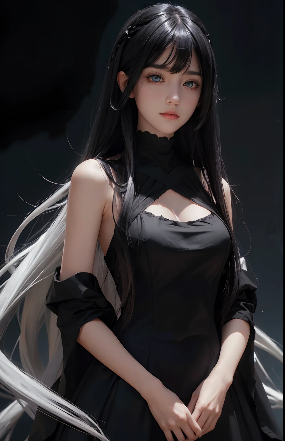 black hair, bangs, curtained hair, crossed bangs, long hair, messy hair, ponytail, very long hair, black hair, bangs, curtained hair, crossed bangs, long hair, messy hair, ponytail, very long hair, big hair, side bun, hair ears, tied hair, hair flaps, widow's peak, tiara, hair ribbon, kanzashi, hairpods, white hairband, mole under eye, raised eyebrows, eyeball, evil smile, crazy, shy, frown, jitome, gloom (expression), seductive smile, anime, Minimalism, anime style, anime, Minimalism, anime style, pov, from above, UHD, retina, masterpiece, ccurate, textured skin, super detail, high quality, high details, award winning, best quality, highres, 16k, UHD, retina, masterpiece, ccurate, textured skin, super detail, high quality, high details, award winning, best quality, highres, 16k