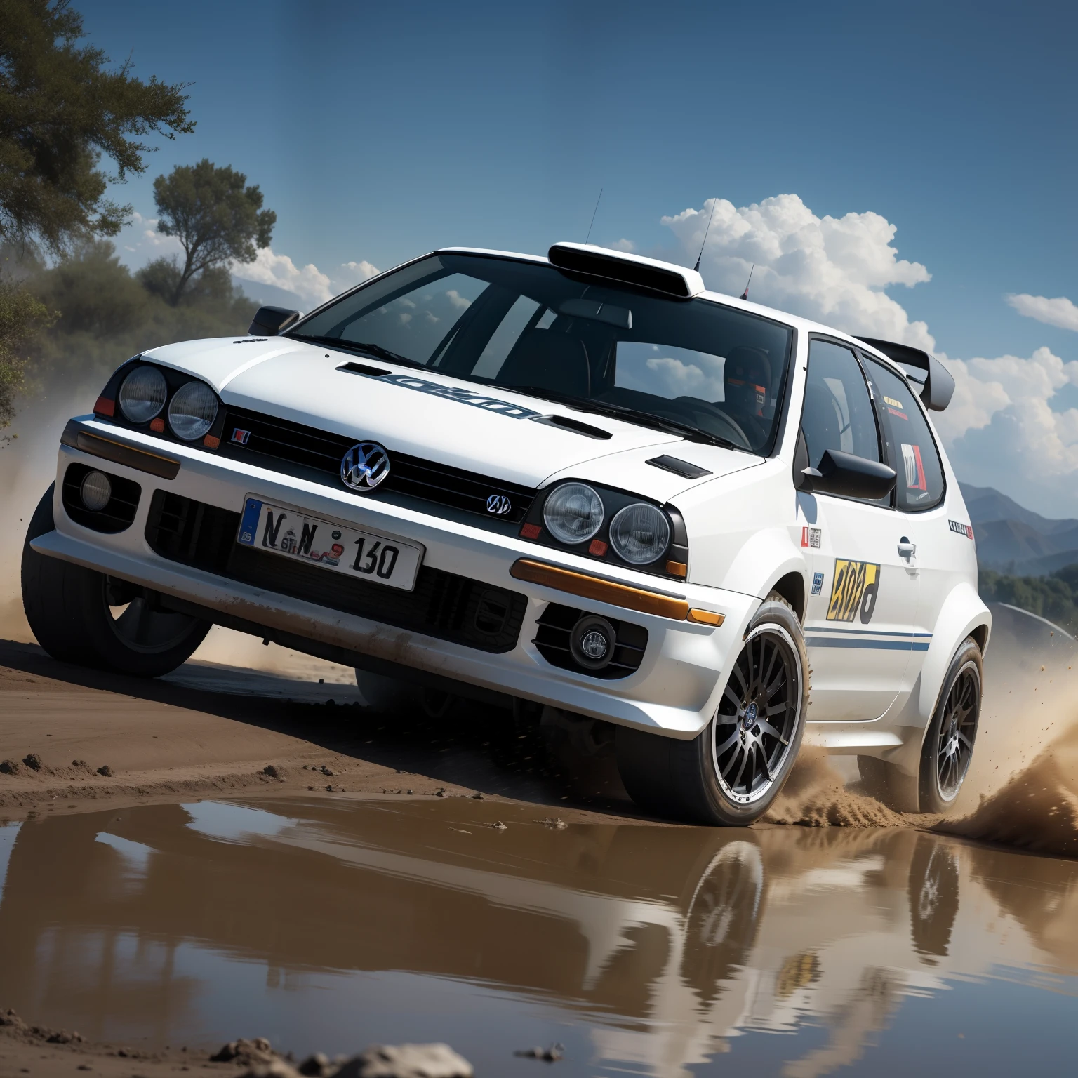 "Volkswagen Golf Rally configuration, Intense action, adrenalinefilled, Mud splashes, High-speed stimulation, Rally cars fly in the dirt, Powerful engine roar, Precise operation, Dynamic angles, dust cloud, Sharp, A race against time."