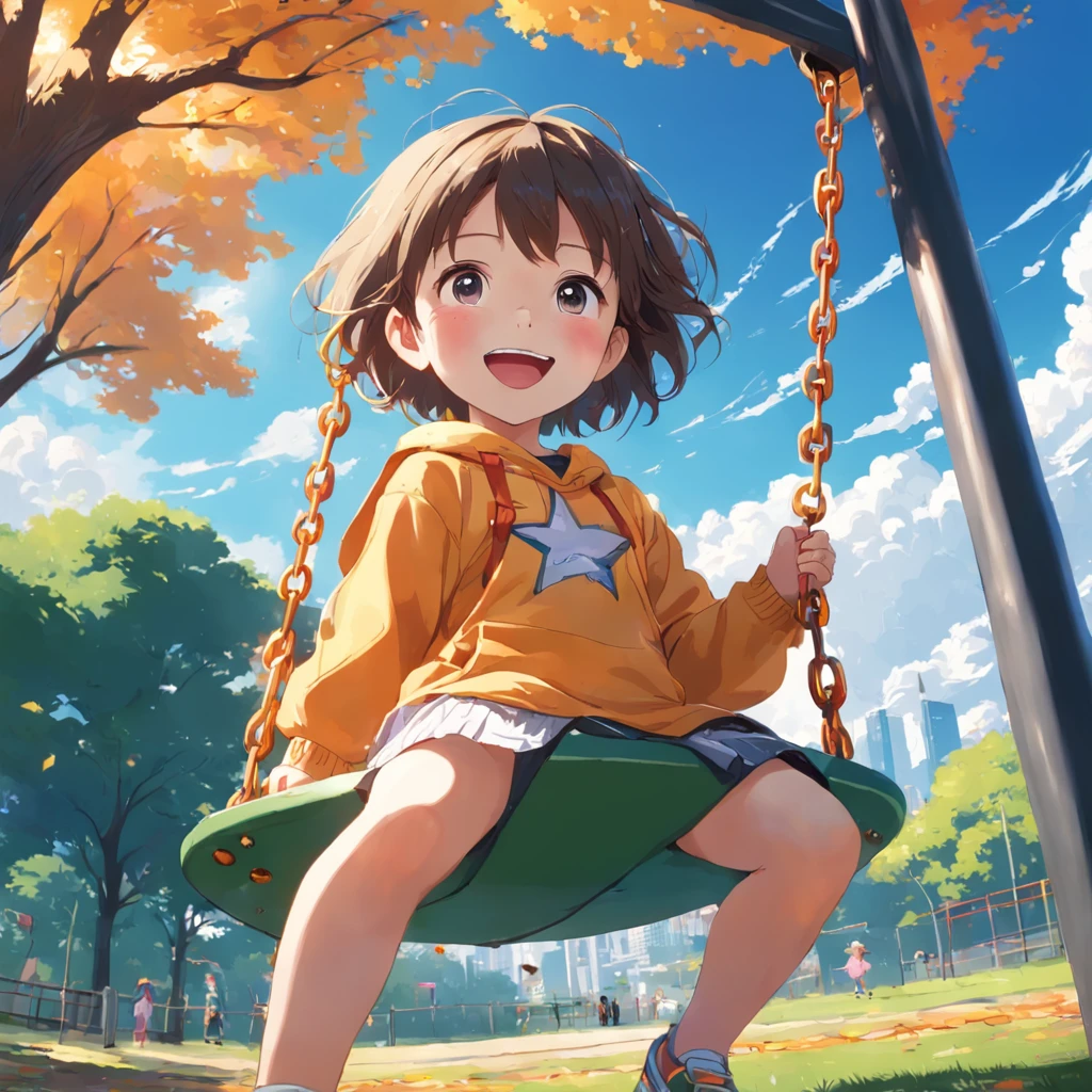 A vibrant and joyful scene in the park, with a radiant and smiling child. The photograph should capture the innocence and happiness of childhood, with vivid colors and soft lighting. Add details such as a colorful swing, a shiny slide, and a lively playground in the background. The child should be dressed in comfortable and playful attire, enjoying the outdoors. Emphasize the natural beauty of the park, with lush greenery, blooming flowers, and clear blue skies. Capture the child's laughter and carefree spirit in the photograph, showcasing the joy of being in the moment.