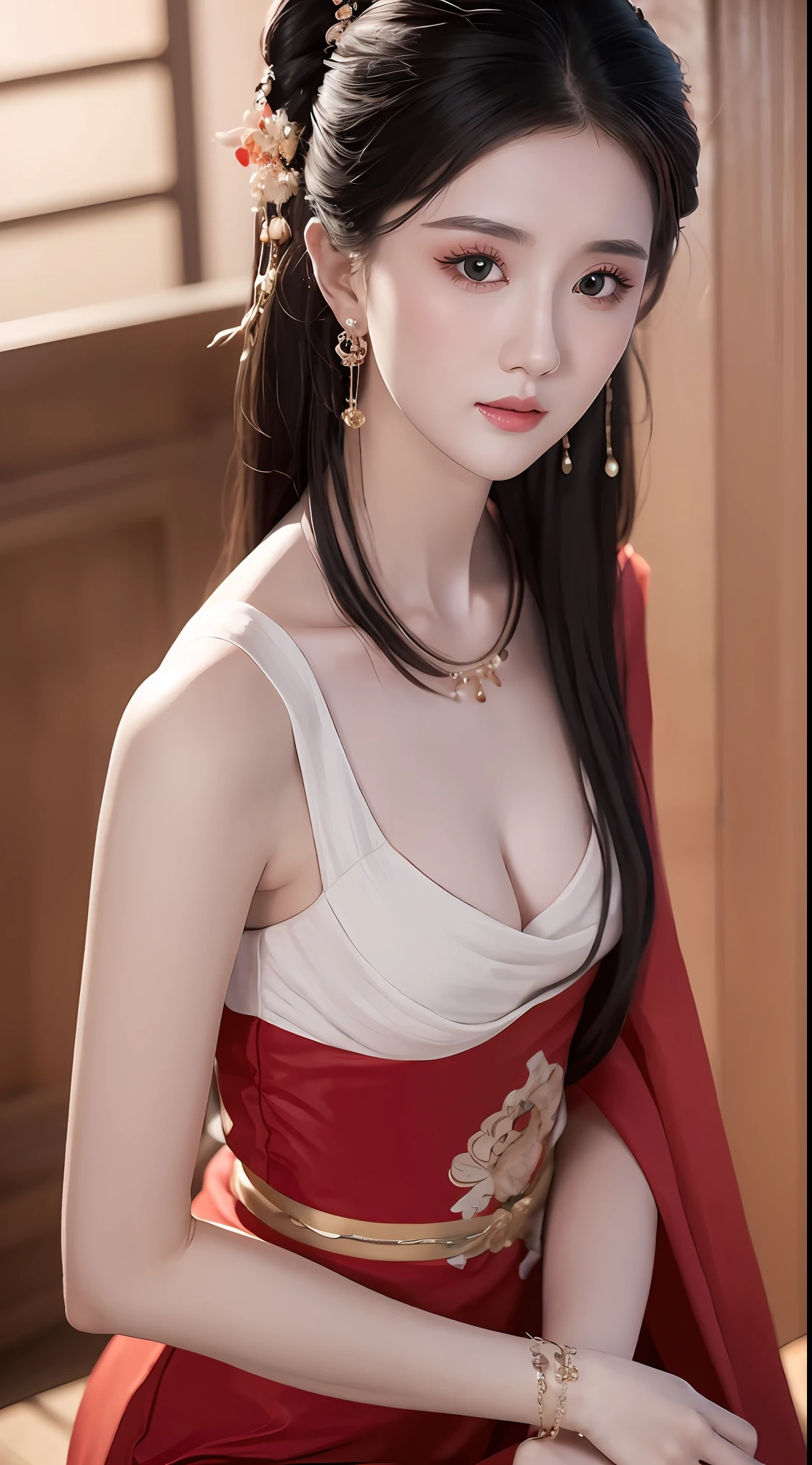1 beautiful mature girl, looking at viewer, upper body, realistic,real girl, gentle girl, Girly, smooth pink and white skin, Front bangs, large breasts and round, excessively frilled princess dress, draped clothes, flawless face, jewelry, high nose, ornament, flower, lace trim, beautiful big and round orange eyes, sharp eyebrows, very sharp and detailed peacock eyelashes and makeup,orange red lipstick, Smile without opening your lips, long silky black hair and jewelry clips, masterpiece, best quality, 8k, detailed skin texture, detailed cloth texture, beautiful detailed face, intricate details, ultra detailed, rim lighting, side lighting, cinematic light, ultra high res, 8k uhd, film grain,best shadow, delicate, RAW photo, detailed and clear images, extremely sharp images,