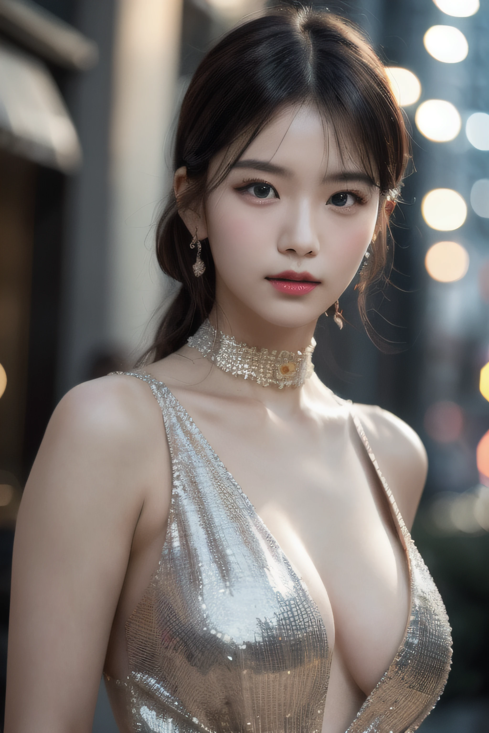 half-body photo of a korean girl, (Perfect beauty:1.37), ((platinum brown hair)), huge(((perfect natural breasts))), cleavage, ((dynamic pose)), sexy collarbone, oval face, double eyelids, smart peach blossom eyes, pink lips, small nose, (bangs:1.5), (standing), earrings, ribbon choker, bare shoulders, chiffon(((Slit Evening Gown))), (Outdoor, Night, Bokeh:1.125), Park view, Super fine face, Fine eyes, Double eyelids, (Clear focus), (Realistic lighting, Best quality, 8K, Masterpiece: 1.43),