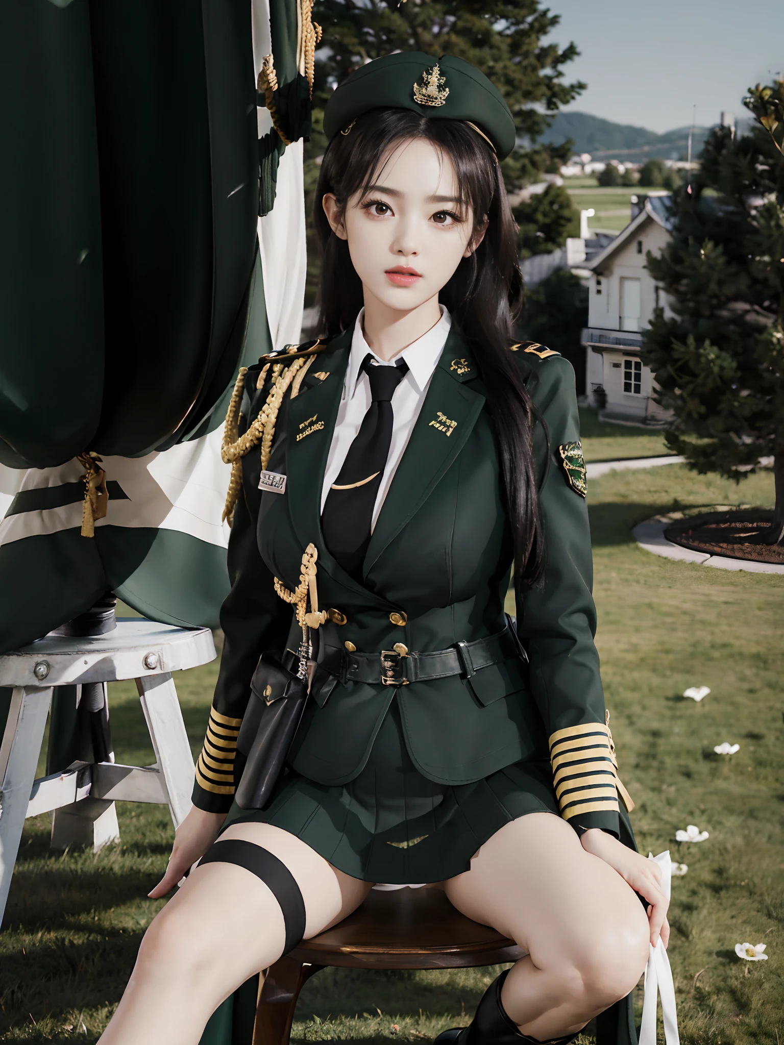 Usually detailed CG Unity 8K wallpaper，（tmasterpiece），（best qualtiy），（ultra - detailed），（Ultra photo realsisim），（best character detail：1.36），Nikon D750 f / 1.4 55mm，profesional lighting， physically-based renderingt, 1girll,  Female soldier，army suit，Dark green military uniform，Long-sleeved military uniform，Fabric texture military uniform，Pure white lining，The white shirt was soaked with sweat，The cloth is attached to the chest，Dark green tie，(Army green skirt)，military hat，Bare legged，Plump legs，whitestocking，White panties are slightly exposed at the bottom of the skirt，without wearing shoes，Black hair，the golden ratio,[:(com rosto detalhado:1.2):0.2]:，PureErosFace_V1, broad shoulder,(Plump breasts:1.5)，(Bigchest:1.5),(big assa:1.5),In the square，Splendid scenery，bright sun，RAW photogr，frontal photos， Look at the audience head-on，lighting，Contre-Jour，Bright smile，White teeth，