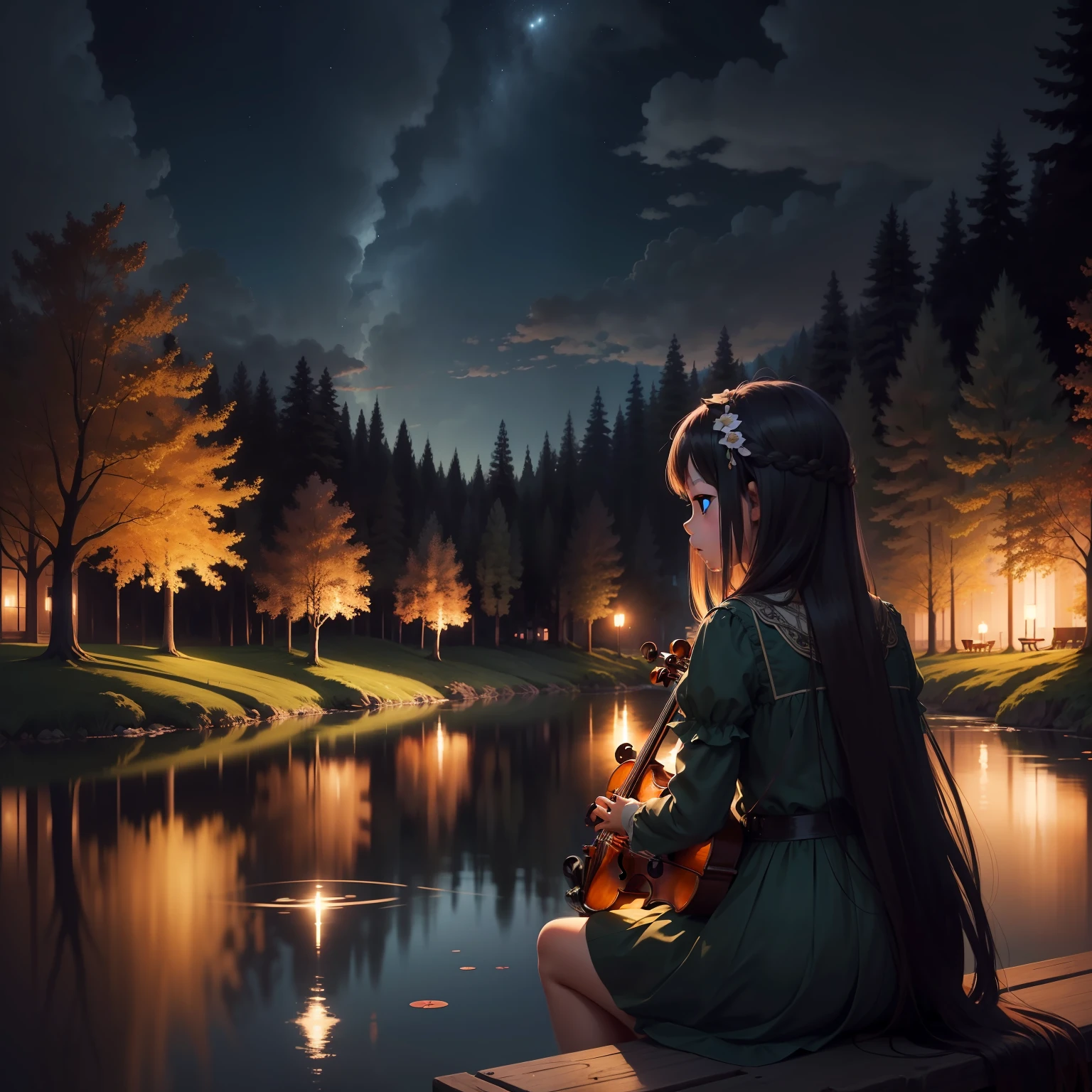 Night environment,  beautifull sky, silent pond, trees,  a cute long hair girl sitting alone and she take a violine. (size: mobile wallpaper)