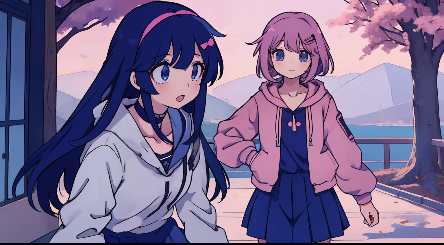 2 anime girls, 1 anime girl with long navy blue hair, blue skirt, talking to a 2 anime girl with short pink hair pink hoodie choker hairclip