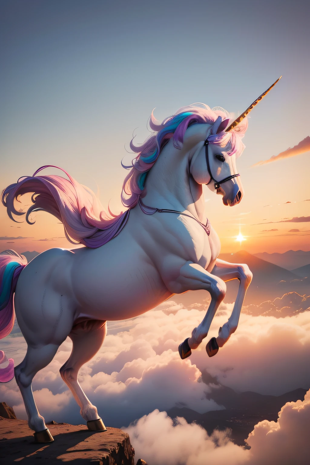 unicorn flying on cloud, starry sky, milky way, fantasy concept art