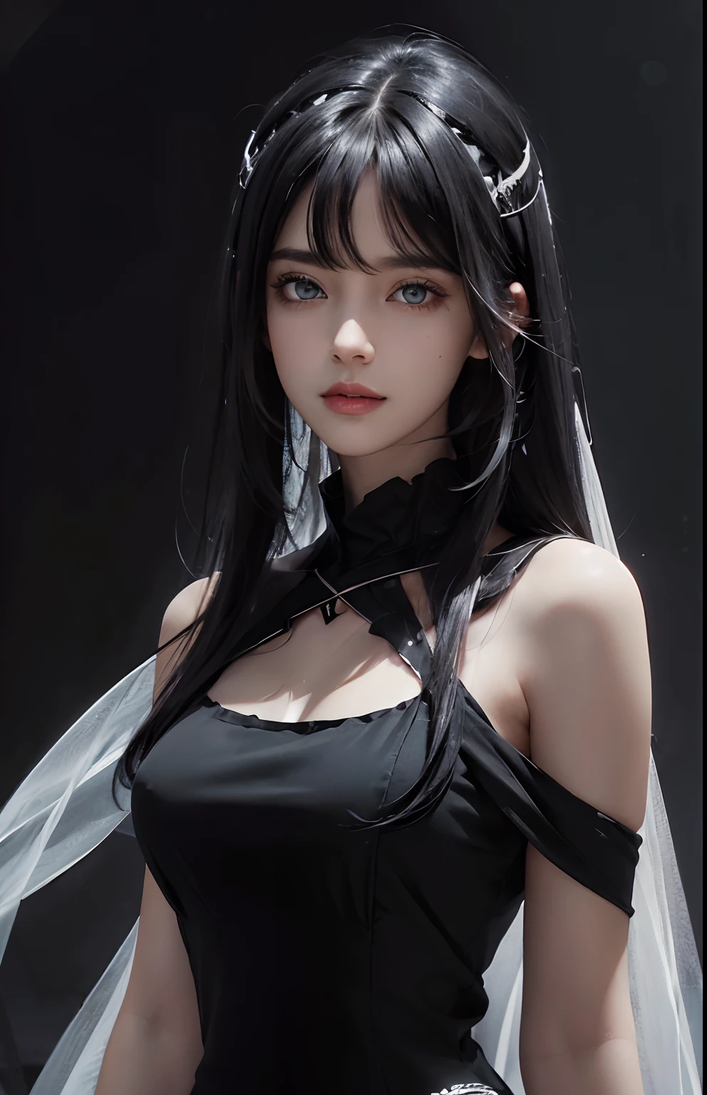 (Surreal), (illustration), (提high resolution), (8k), (Very detailed), (Best illustration), (Beautiful and delicate eyes), (best quality), (Super detailed), (masterpiece ), ( wallpaper), (Detailed face), alone, 1 girl, looking at the audience, Exquisite details, Detailed face, in the darkness, deep shadow, low profile, purebred face_v1, smiling, long hair, Black shawl straight hair , 46 points oblique bangs, masterpiece, best quality, 35mm, 8k, ridiculous, beautiful girl, (Upper body, dark gray background:1.4), (black classical dress, black hair:1.6), thin and long, dark studio, edge lighting, Surreal, high resolution, photography, film grain, Color difference, depth of field, sharp focus, human development report, Menko, dynamic lighting, Cinema lighting, professional shadow, dark shadow, most detailed, Extremely detailed, Super detailed, fine details, real skin, Exquisite facial features, Detailed face and eyes, sharp pupils, realistic student, long black hair with bangs, black hair top, white hair undercolor, Two-color split hair , Two-color split hair black and white color hair,black hair, white hair, Mix hair colors,green eyes, white hair emerald eyes. white hair, White blonde hair color.