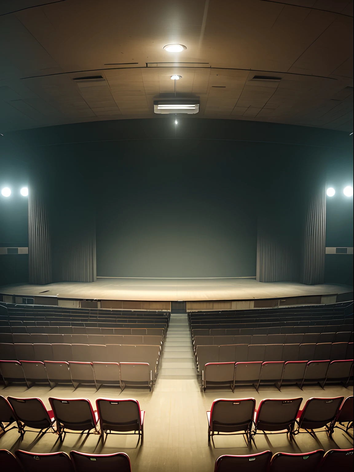Panoramic view of the abandoned auditorium,The seats are full of faceless people,The picture is facing the stage,Top angle of view,Tyndall lights illuminate the stage, A hanged body hangs from the stage,Overall darkness and thick fog