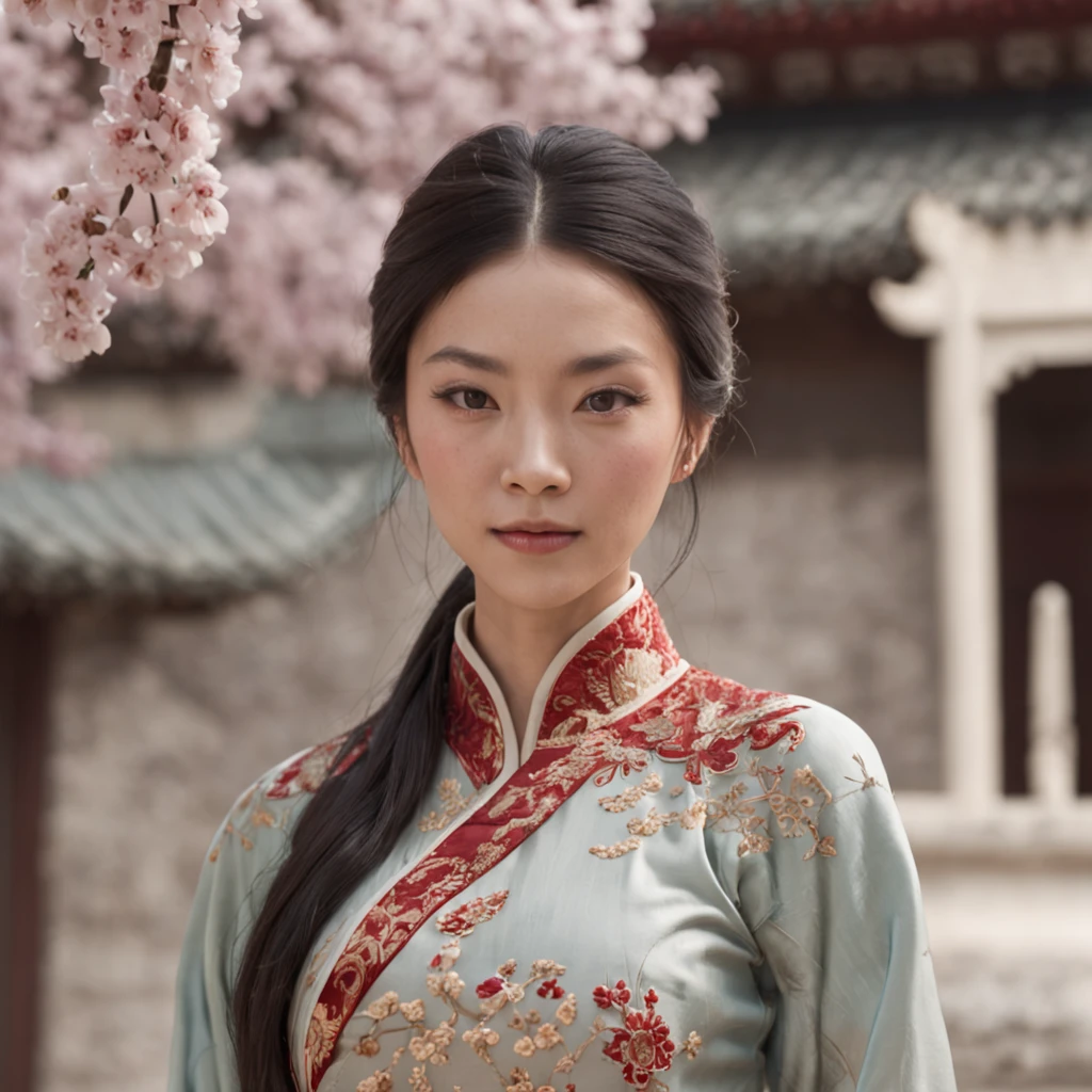 (masterpiece, high resolution, photo-realistic:1.5), (Chinese woman:1.3), clear yellow eyes, (elegantly braided black hair:1.3), (floral qipao:1.3), delicate face, gentle smile, sacred location, focused on her face, perfect lighting, (intricate details:1.3), blooming cherry blossoms, serene atmosphere, subtle fragrance, soft sunlight, (vibrant colors:1.2), ornate traditional architecture, ornamental decorations, traditional motifs, elegant simplicity, traditional lanterns, tranquil gaze, beautiful surroundings, Cinematic, Hyper-detailed, insane details, Beautifully color graded, Unreal Engine, DOF, Super-Resolution, Megapixel, Cinematic Lightning, Anti-Aliasing, FKAA, TXAA, RTX, SSAO, Post Processing, Post Production, Tone Mapping, CGI, VFX, SFX, Insanely detailed and intricate, Hyper maximalist, Hyper realistic, Volumetric, Photorealistic, ultra photoreal, ultra-detailed, intricate details, 8K, Super detailed, Full color, Volumetric lightning, HDR, Realistic, Unreal Engine, 16K, Sharp focus, Octane render