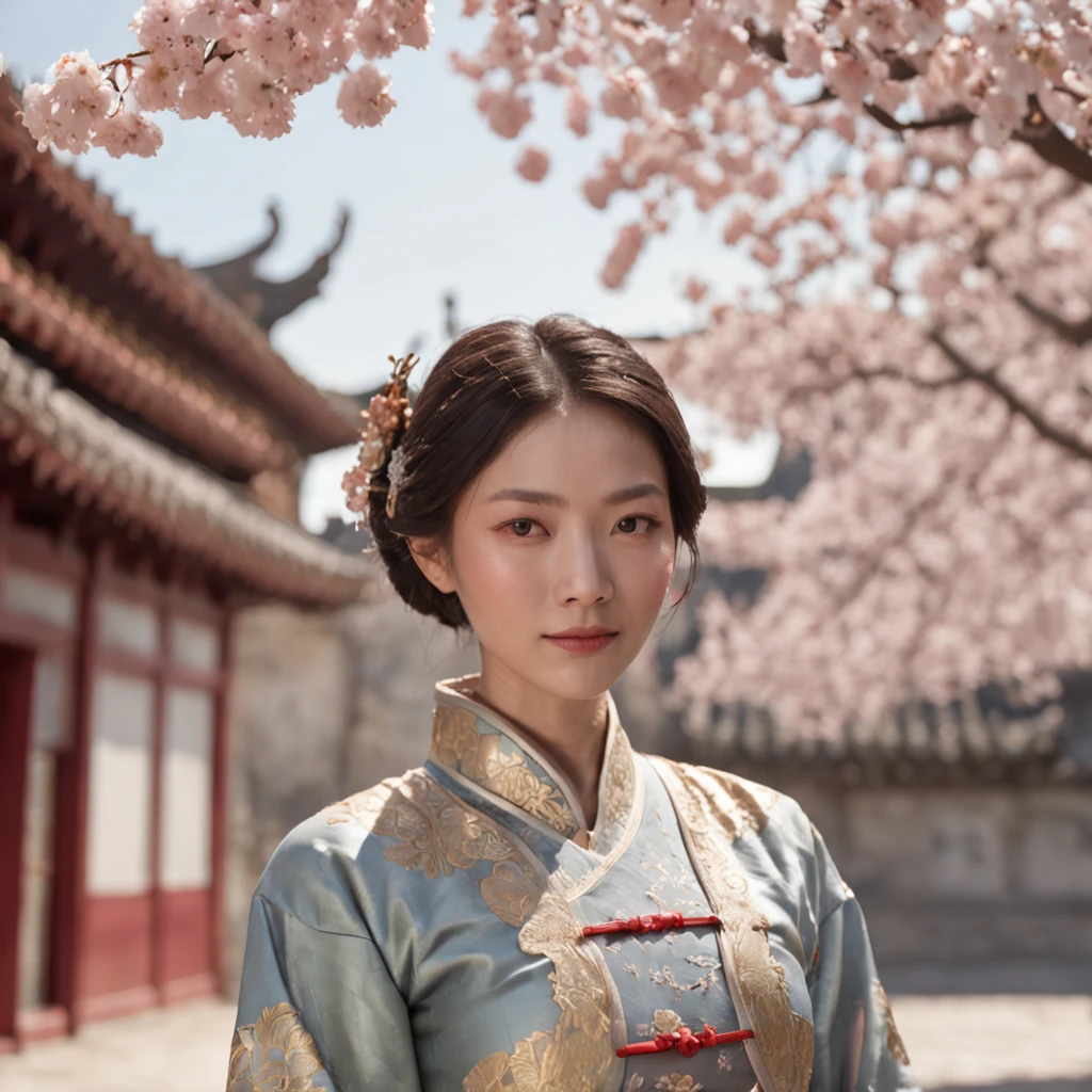 (masterpiece, high resolution, photo-realistic:1.5), (Chinese woman:1.3), clear yellow eyes, (elegantly braided black hair:1.3), (floral qipao:1.3), delicate face, gentle smile, sacred location, focused on her face, perfect lighting, (intricate details:1.3), blooming cherry blossoms, serene atmosphere, subtle fragrance, soft sunlight, (vibrant colors:1.2), ornate traditional architecture, ornamental decorations, traditional motifs, elegant simplicity, traditional lanterns, tranquil gaze, beautiful surroundings, Cinematic, Hyper-detailed, insane details, Beautifully color graded, Unreal Engine, DOF, Super-Resolution, Megapixel, Cinematic Lightning, Anti-Aliasing, FKAA, TXAA, RTX, SSAO, Post Processing, Post Production, Tone Mapping, CGI, VFX, SFX, Insanely detailed and intricate, Hyper maximalist, Hyper realistic, Volumetric, Photorealistic, ultra photoreal, ultra-detailed, intricate details, 8K, Super detailed, Full color, Volumetric lightning, HDR, Realistic, Unreal Engine, 16K, Sharp focus, Octane render