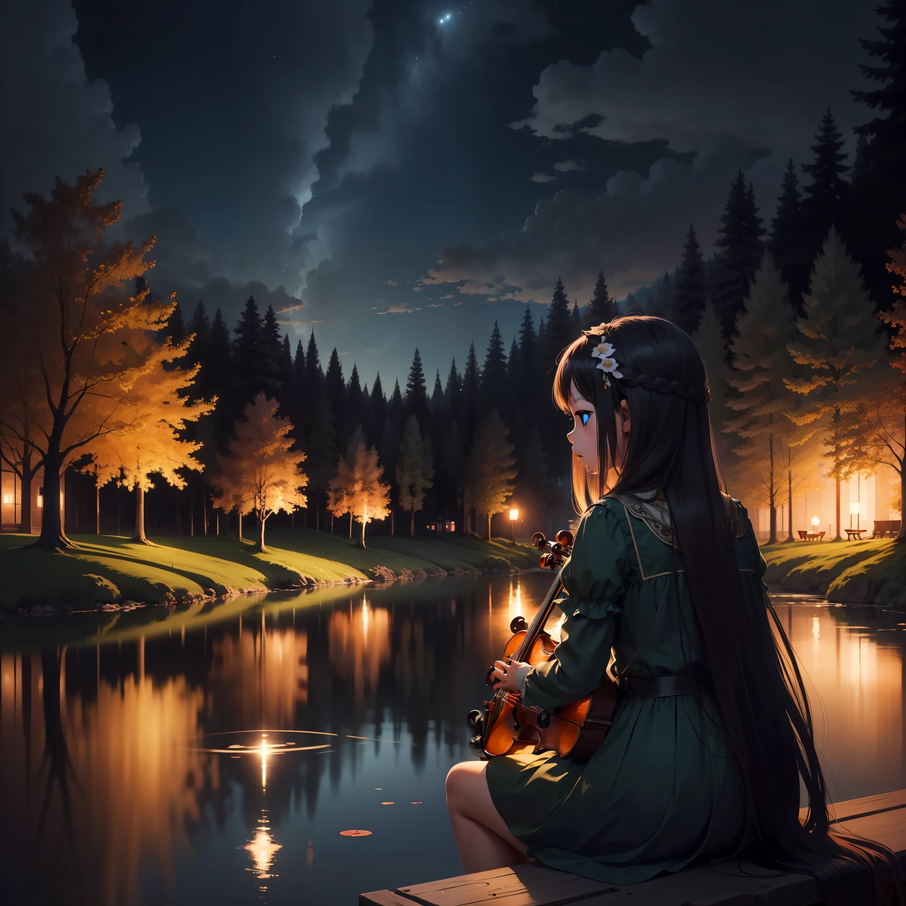 Night environment, beautifull sky, silent pond, trees, a cute long hair girl sitting alone and she take a violine. (size: mobile wallpaper)