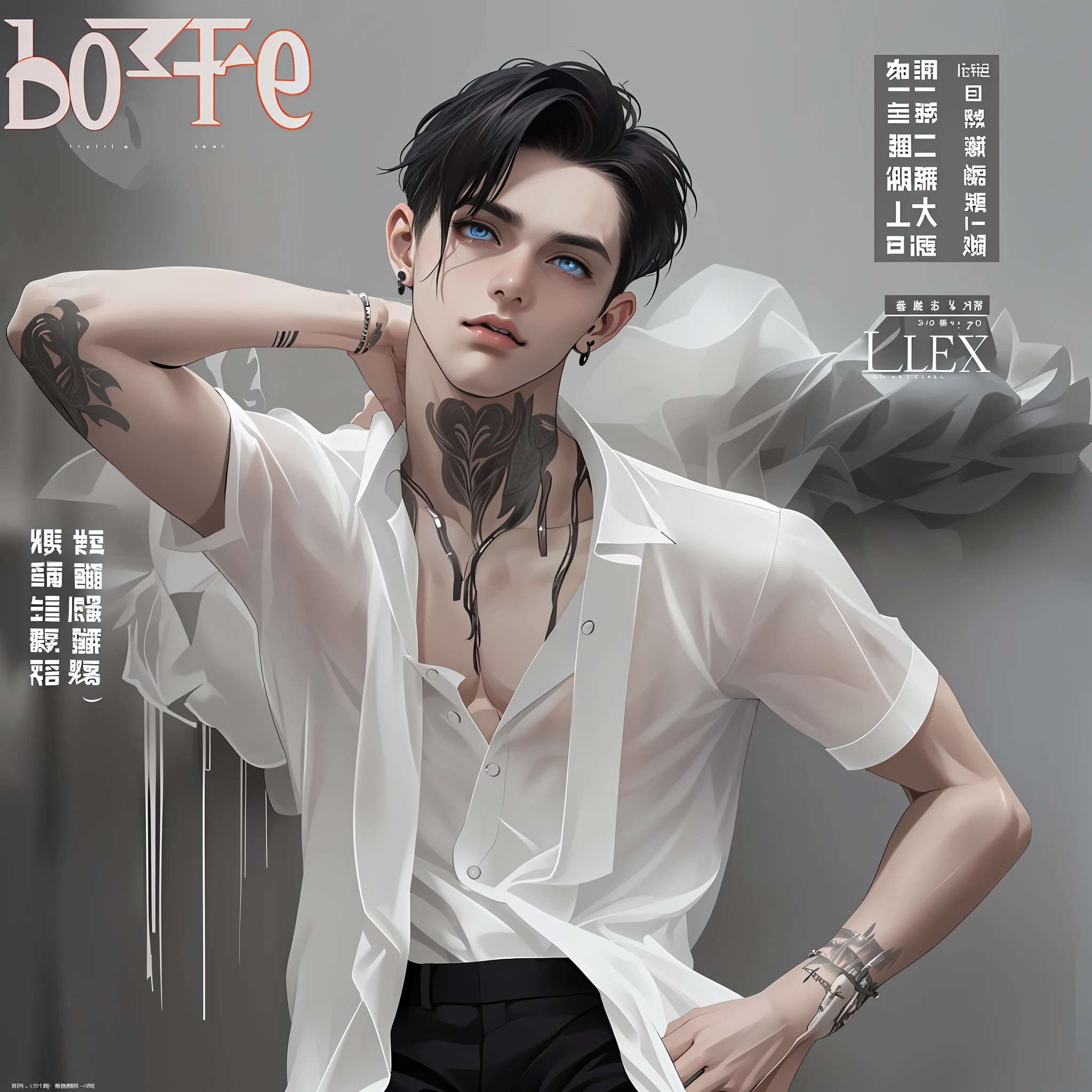 (((8k, RAW photos, Best quality, tmasterpiece: 1.4))), Ultra-high resolution, ultra - detailed, lamplight, Close-up cleavage, Handsome men, gold eyes, (Detailed eyes, The eyes are bright:1.2), Medium long black hair, pale-skinned, ear piercings, medium skin, Black clothes, Meticulous clothes, gold accessories on clothes, (perfect anatomia:1.2), Highqualityshadow, natural lightting, (White highlights:1.2), natta, overcast day, (arm tattoos:1.2), (starrysky:1.2)