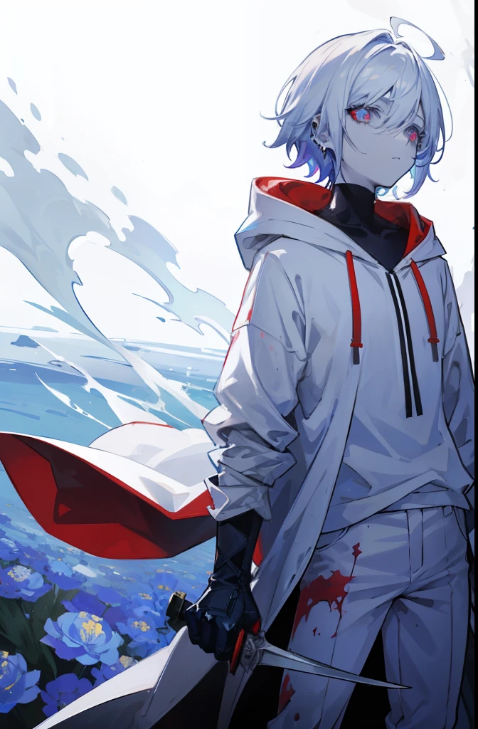 "An eerie scene from the Undertale universe: a blood-soaked boy with piercing devilish eyes holds a knife, his white hair flowing. He wears a white hoody and long pants, standing amidst a captivating sea of blue flowers."
