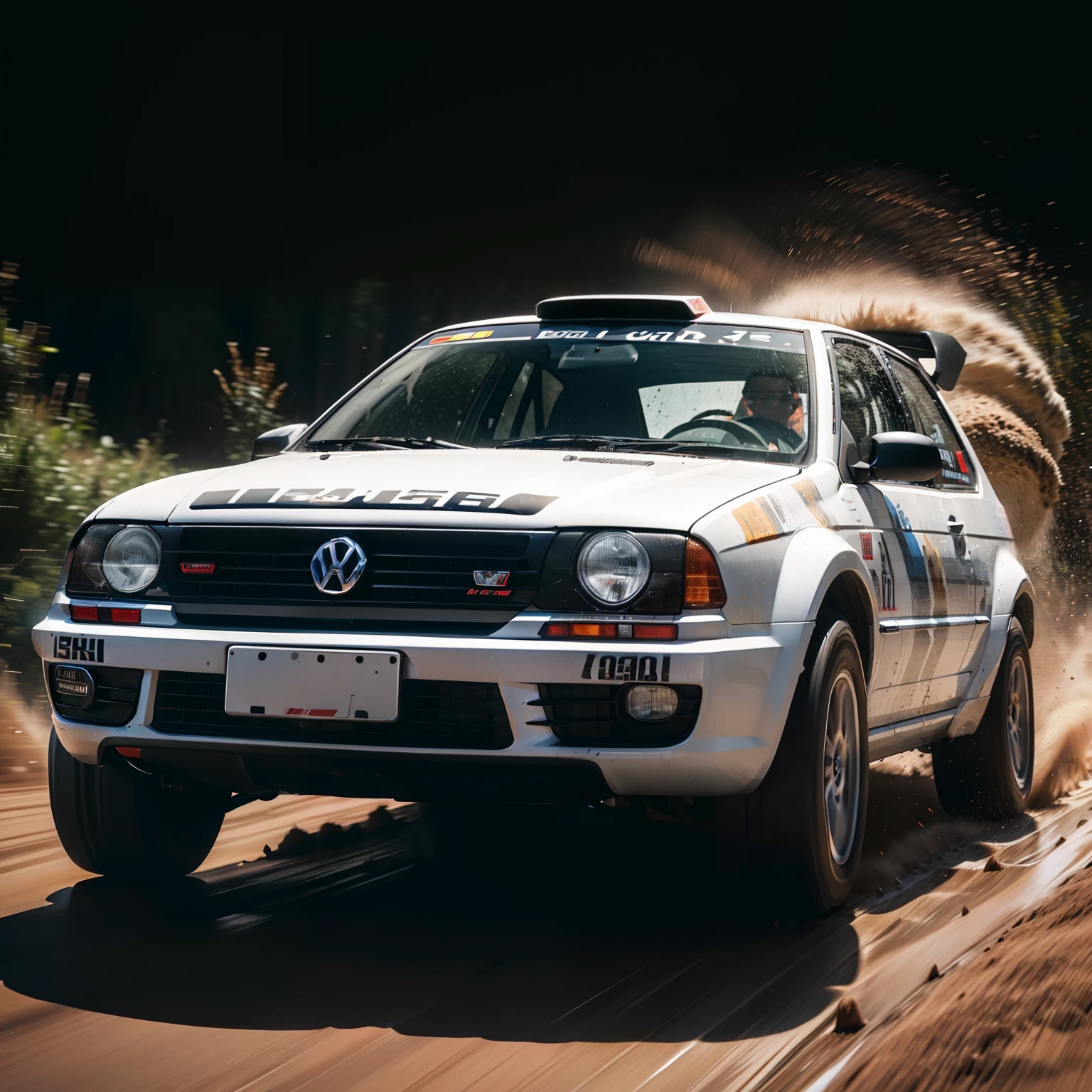 "Volkswagen Golf Rally configuration, Intense action, adrenalinefilled, Mud splashes, High-speed stimulation, Rally cars fly in the dirt, Powerful engine roar, Precise operation, Dynamic angles, dust cloud, Sharp, A race against time."