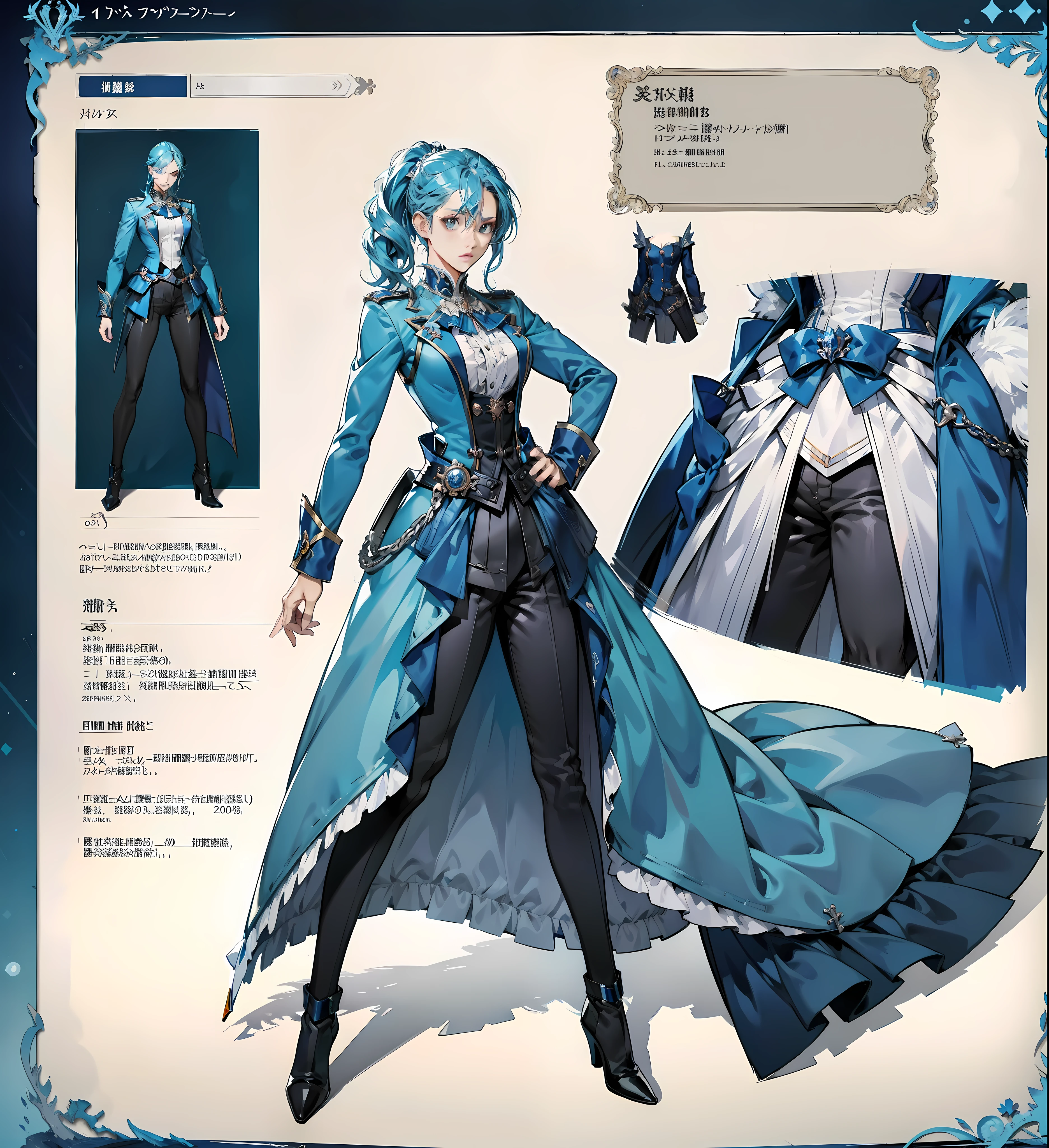 Anime characters in blue coats, full body concept, detailed full-body concept, concept character, full body concept art, full body character concept, detailed full body concept art, concept art character, concept art style, character concept, 2D concept art, new costume concept design, character design concept, full body action concept art, valkyrie style character