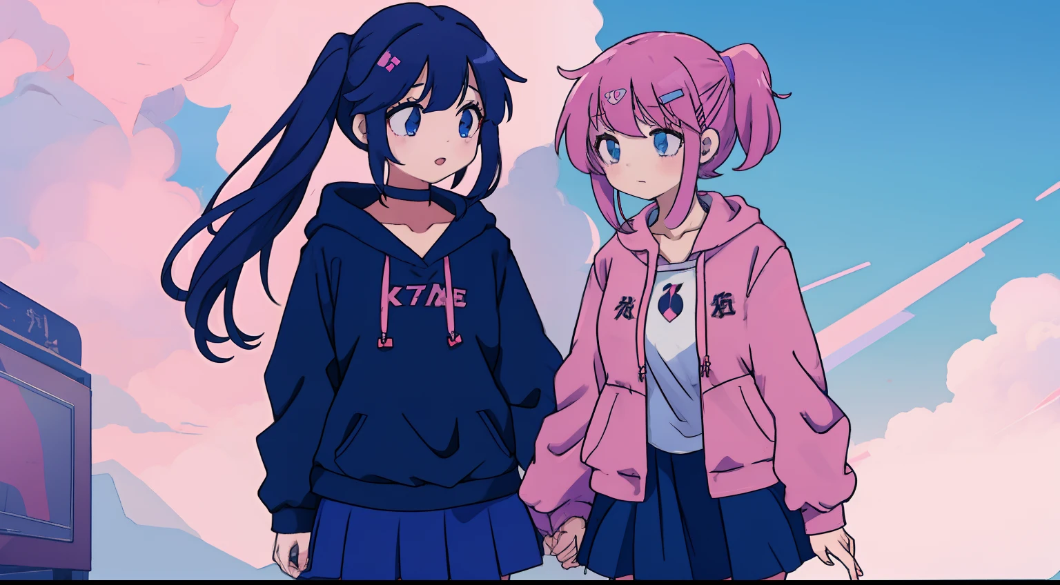 2 anime girls, 1 anime girl with long navy blue hair, blue skirt, talking to a 2 anime girl with short pink hair pink hoodie choker hairclip