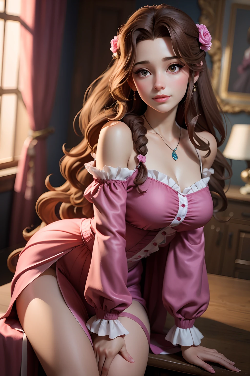 Masterpiece, Best quality,Travail de rendu 3d ,Style 3dMM,gros plan,portrait, 3d,1fille, seulement, cheveux bruns, collier string, looking to the side, Realstic, corps entier, en pieds, sinple background, frange, looking away, longs cheveux noirs, lips parted, collier, Makeup, long curly brown hair, Yeux verts, Robe rose, clivage, Aerith Gainsborough, Aerith