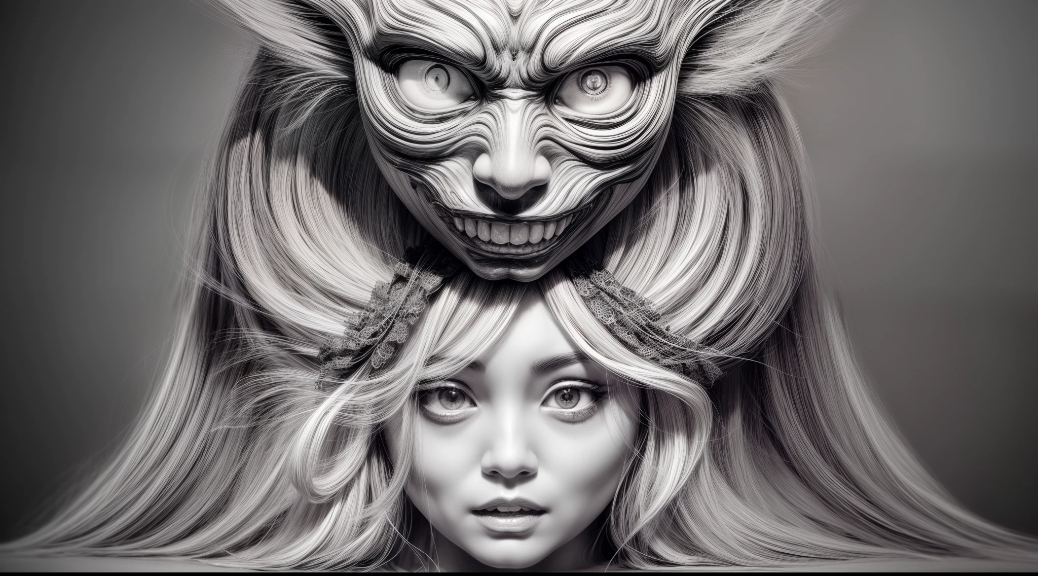 a black and white drawing of a woman standing on a monster , junji ito 4 k, junji ito artwork, pixivs and junji ito, inspired by Junji Ito, horror illustration, art style of junji ito, subtle junji ito, detailed 4k horror artwork, in style of junji ito, junji ito style
