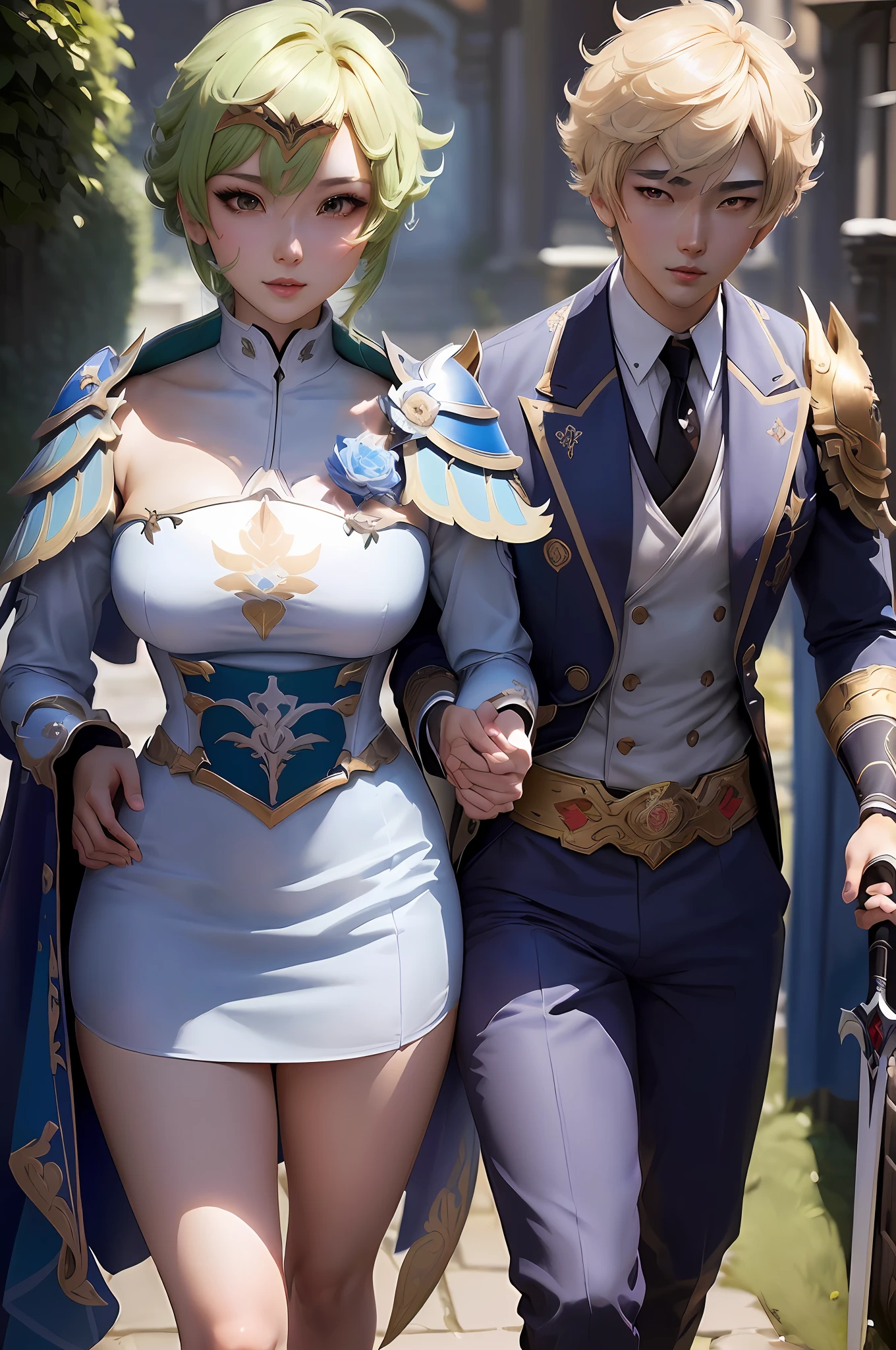 they are dressed up as a couple of anime characters, wlop and sakimichan, ornate cosplay, range murata and artgerm, from overwatch, sakimichan and frank franzzeta, wlop and artgerm, full-cosplay, highly detailed exquisite fanart, nixeu and sakimichan, elegant glamourous cosplay, (Genshin Impact:1.2)