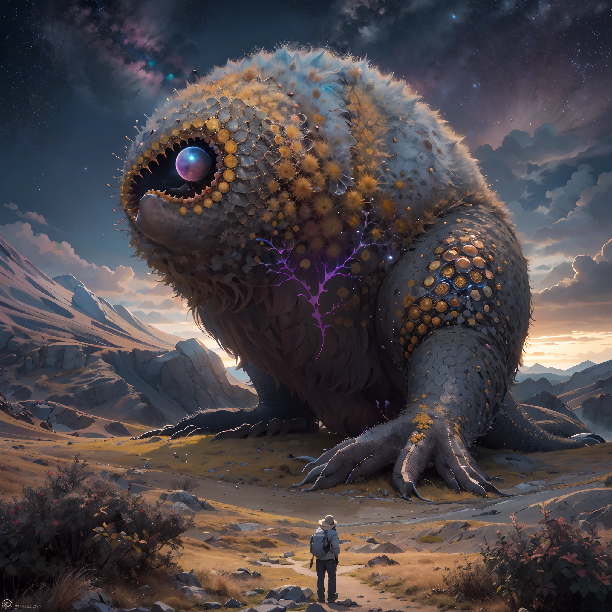 Monstruo gigante mirando hacia abjao en un paisaje de otro mundo,Gigante echo de fractales, Fractal infinito,fractal de Mandelbrot, divino, Figura imponente humanoide, masivo,escala masiba, mirando hacia abajo, de pie, inmenso, apocalyptic, colorido, iridiscente, obra maestra, 4k-resolution, detalles intrincados, dios,divino,ente superios echo de fractales,figuara imposible,geometria unica,