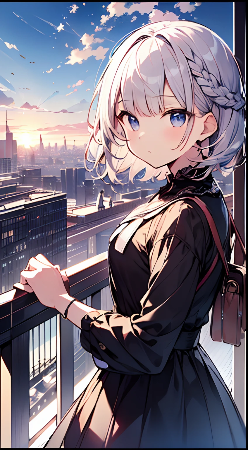 masutepiece, Best Quality,Illustration, Wallpaper, Ultra Detail, absurderes, 1loli、 Solo, (Medium short hair、short braided hair), Beautiful ultra-detailed eyes , Hair fluttering in the wind、(nffsw)、 Light hair color、Beautiful sky、(a panoramic view:1.5)