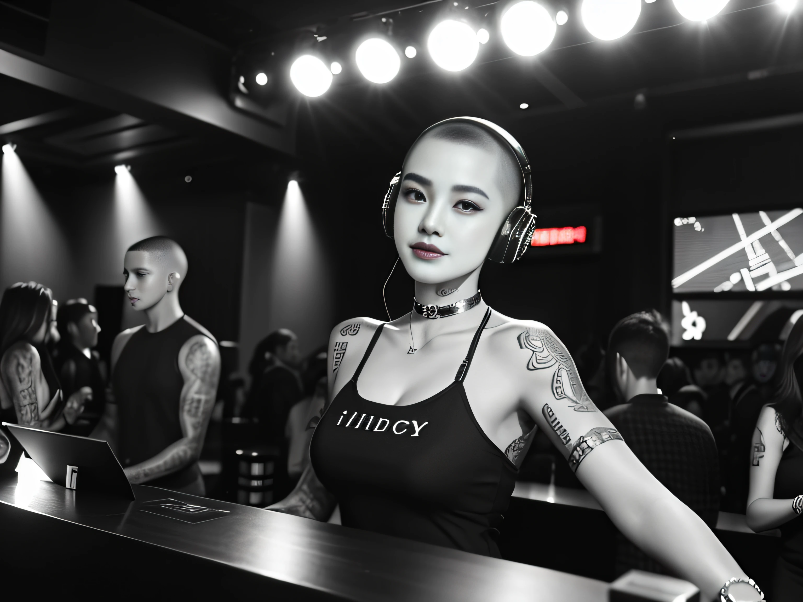 best qualtiy，tmasterpiece，超高分辨率，(fidelity:1.4)，(B&W:1.3)，professinal，photography of，1个Giant Breast Girl，Dee bar，Girl wearing headphones，DJ in the bar，Upper body，A female DJ，Look at the crowd，DJ, DJ booth，DJ Player，stage lighting，(buzz cut:1.1)，(Tattooed with:1.1)，cheerfulness，dyna，Gucci, Versace，cruel，choker necklace，Vistas