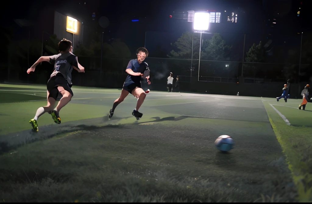 Several people played football on the pitch at night, action shot, 8K 50mm ISO 10, on a football field, play soccer, opening shot, 2 4 mm ISO 8 0 0, flying shot, dynamic action shot, on a football field, sport game, wide angle dynamic action shot, mid air shot