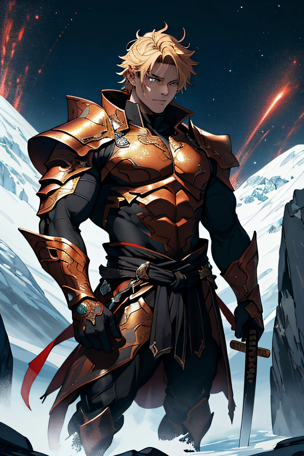 A young man with a toned, perfectly proportioned skiny body, with luminous golden hair and golden eyes resembling those of a dragon, standing at a height of 2 meters. He is wearing armor made of unrefined black crystals that seem to contain a galaxy within, adjust to his body. Striking a heroic pose, he looks down from the top of a mountain with a serene gaze, while observing an army of demons on the slopes of the mountain. In his right hand, he grips a crimson-bladed katana with a white hilt. 4k, cinematic, ilumination, detailed face.