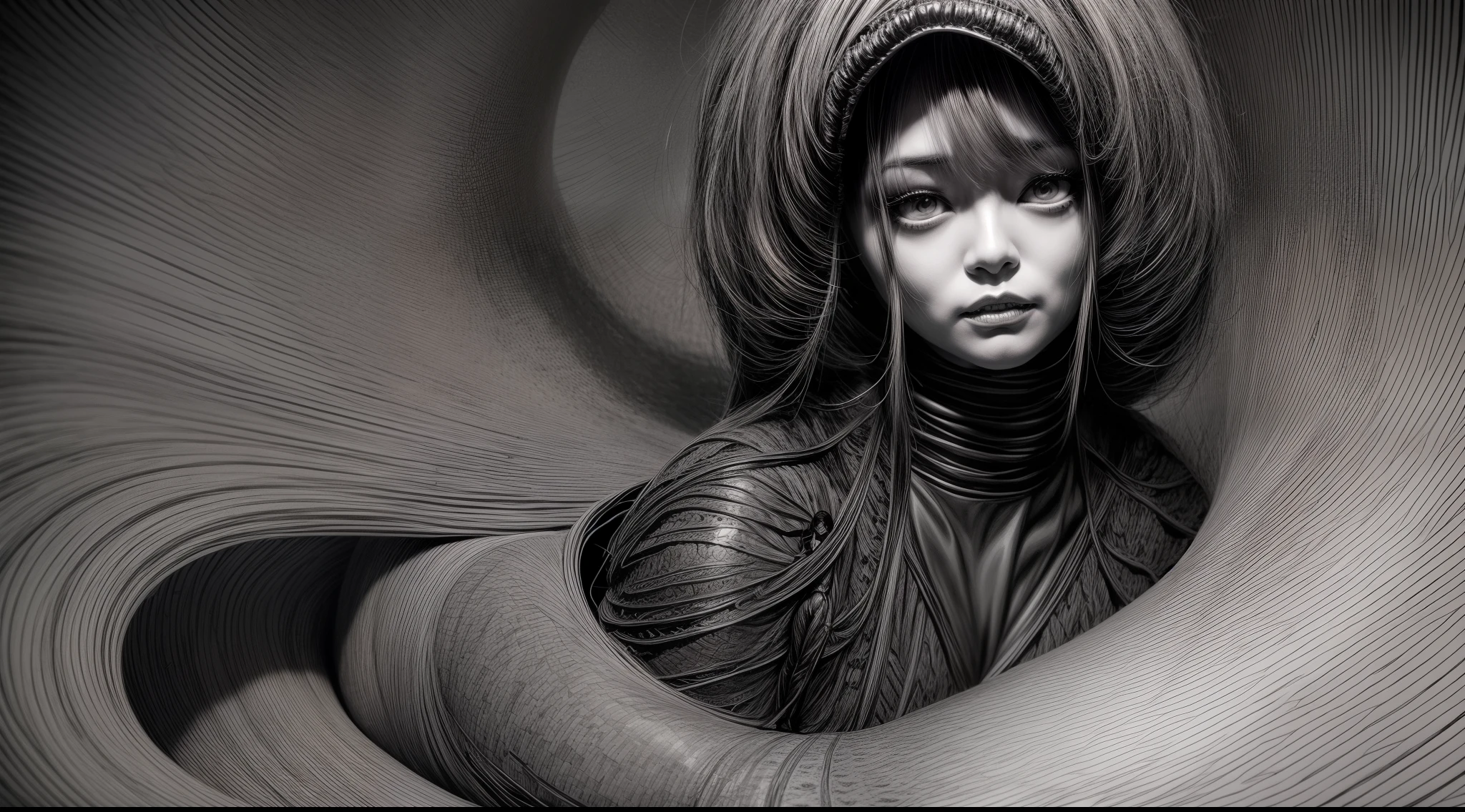 a black and white drawing of a woman standing on a monster , junji ito 4 k, junji ito artwork, pixivs and junji ito, inspired by Junji Ito, horror illustration, art style of junji ito, subtle junji ito, detailed 4k horror artwork, in style of junji ito, junji ito style