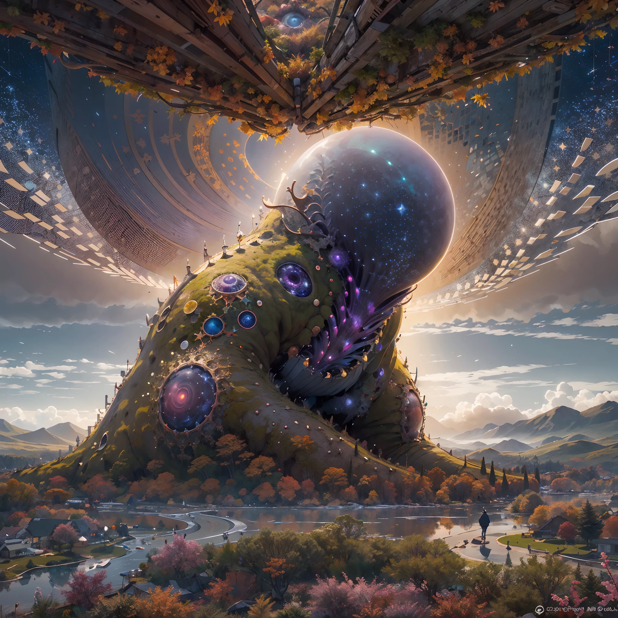 Monstruo gigante mirando hacia abjao en un paisaje de otro mundo,Gigante echo de fractales, Fractal infinito,fractal de Mandelbrot, divino, Figura imponente humanoide, masivo,escala masiba, mirando hacia abajo, de pie, inmenso, apocalyptic, colorido, iridiscente, obra maestra, 4k-resolution, detalles intrincados, dios,divino,ente superios echo de fractales,figuara imposible,geometria unica,