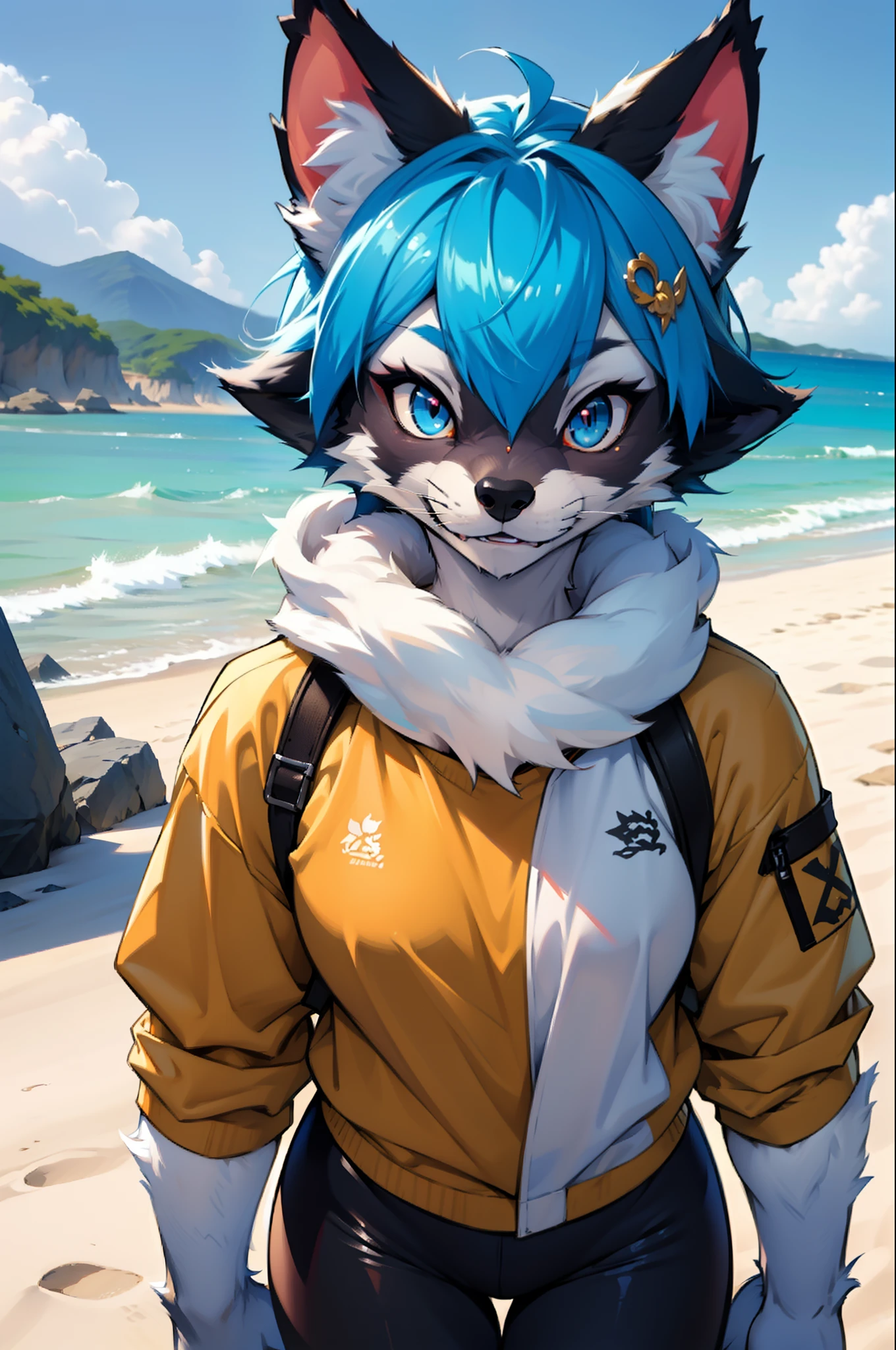 anime character with blue hair and white body on beach, female anthropomorphic wolf, female fursona, female furry mini cute style, fursona art, art of silverfox, sfw version, kemono, furry art!!!, anthro art, pov furry art, extremely detailed artgerm, oc commission, furry anime, an anthro wolf